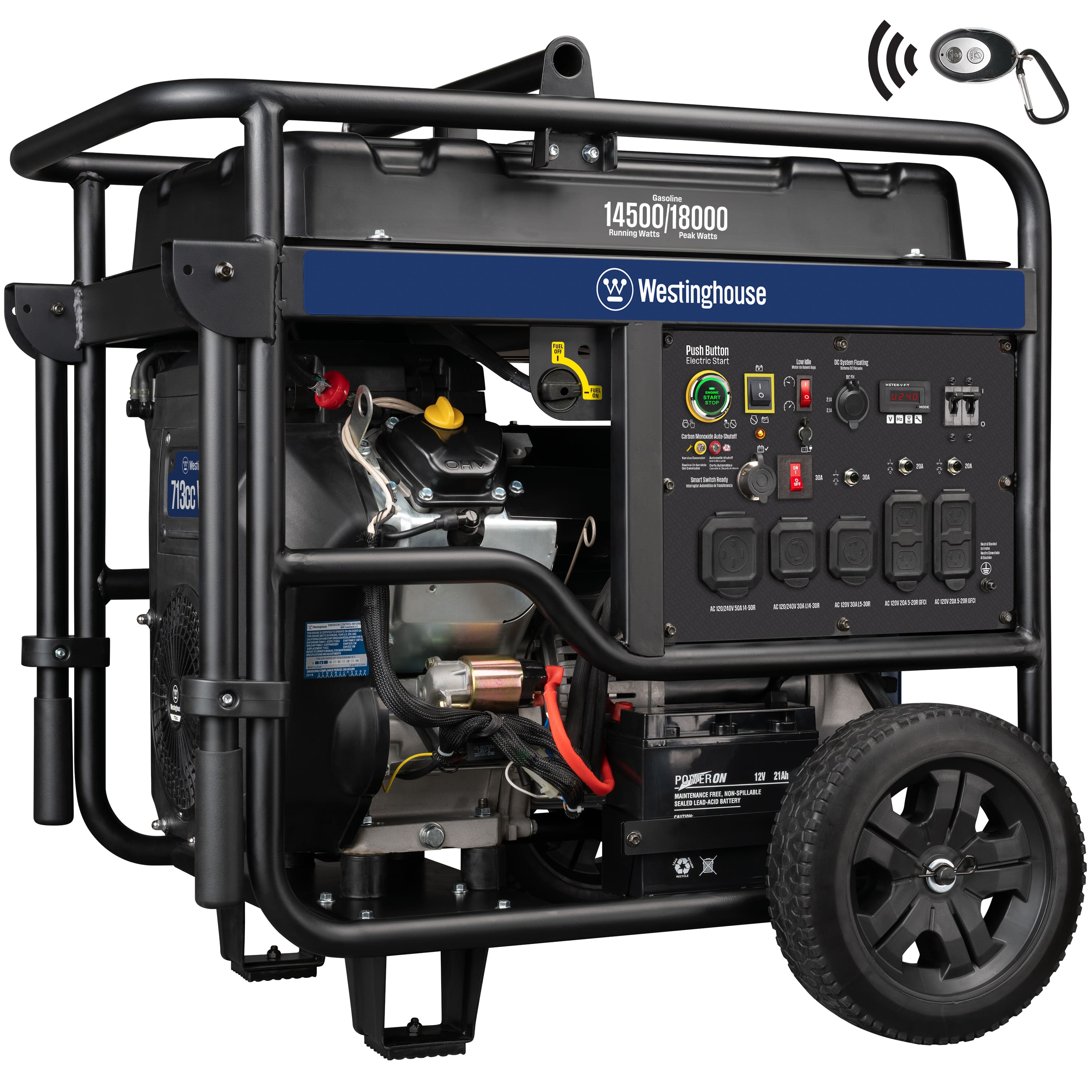 Westinghouse - 18,000/14,500-Watt Gas Powered Portable Generator with Remote Electric Start, Low THD, and 50 Amp Outlet - Blue