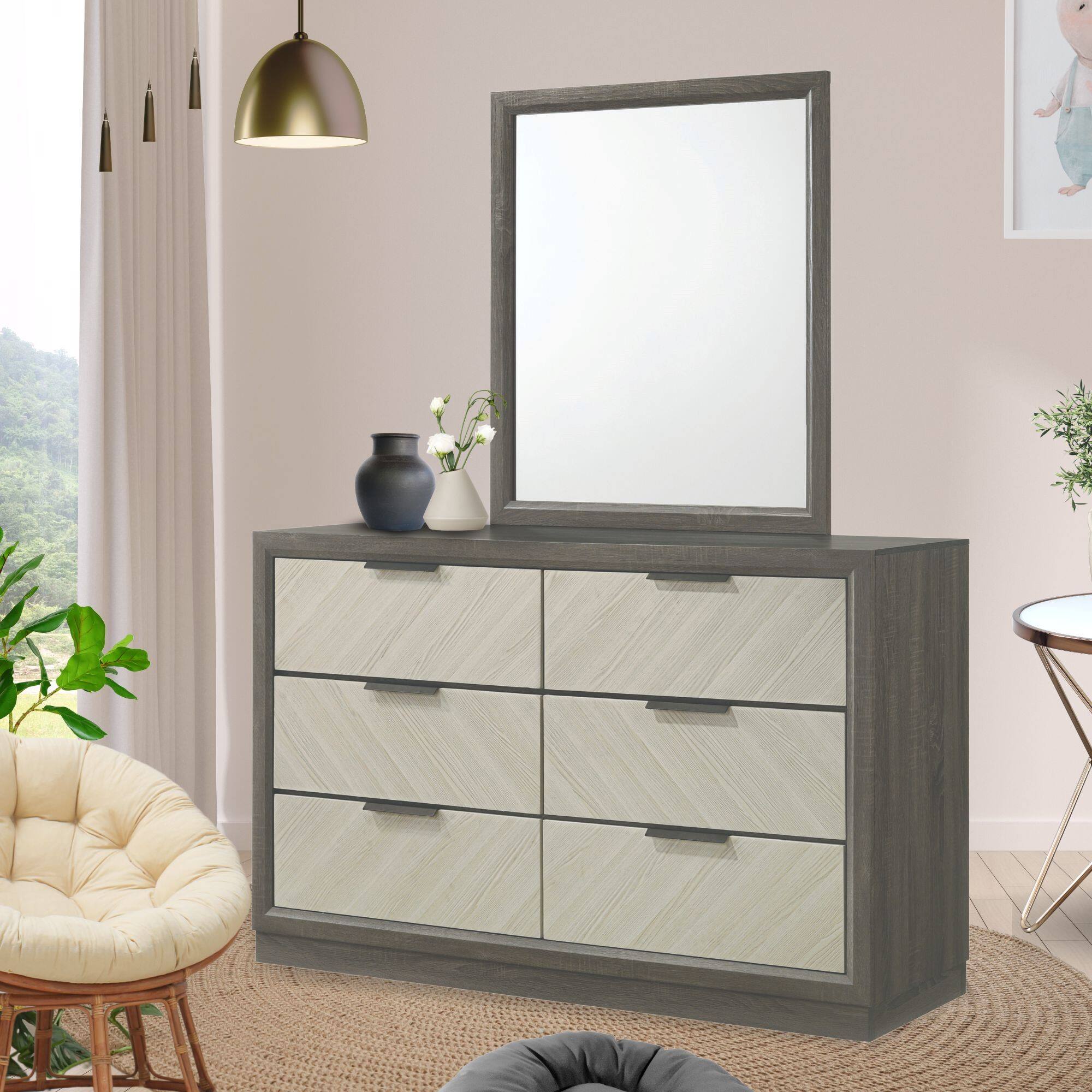 Kings Brand Furniture - Visalia 6 Drawer Wooden Dresser and Mirror for Entryway, Bedroom, Closet Storage Organizer - Gray