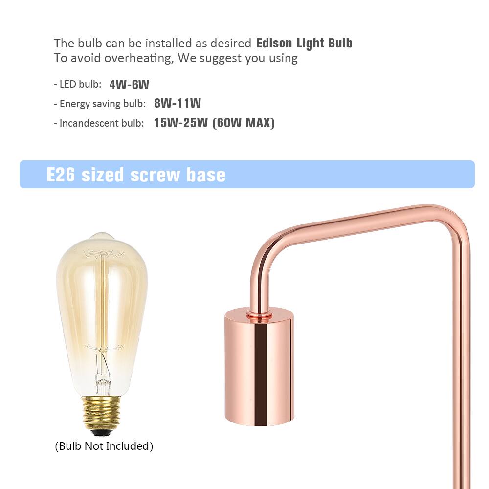 The bulb can be installed as desired Edison Light Bulb. To avoid overheating, we suggest you using:

- LED bulb: 4W-6W
- Energy saving bulb: 8W-11W
- Incandescent bulb: 15W-25W (60W MAX)

E26 sized screw base (Bulb Not Included)