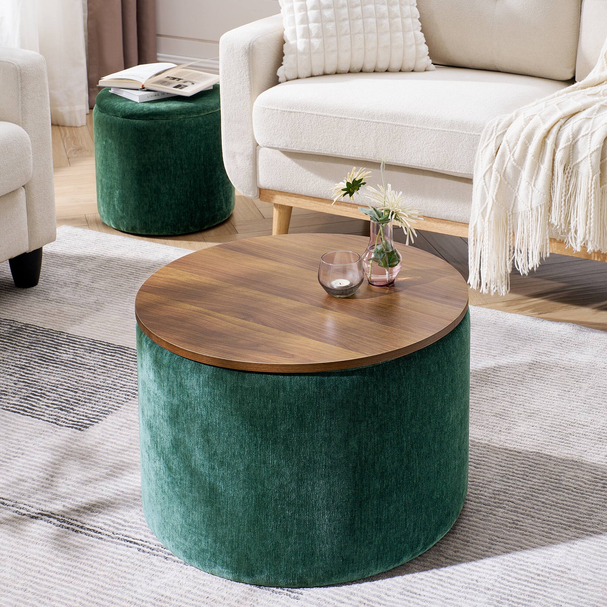 Left. GOODSILO - 2-Piece Round Storage Ottoman Set with Hidden Storage and Detachable Stool, Classic Design for Living Room and Bedroom - Dark Green.