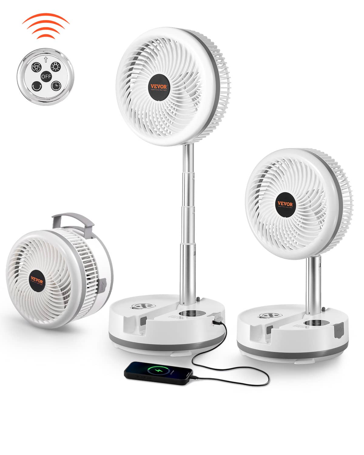 VEVOR - 10 inch Portable Foldable Rechargeable Oscillating Fan,3-in-1 Battery Operated, Remote Control,Quiet Desk Pedestal Fan - White