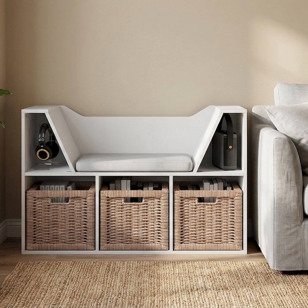 Angle. Furinno - LOVA Kids Book Shelf, 5-Cube Bookshelf with Seat Cushion, Kids Reading Nook Toy Organizers and Storage with Bench - White.