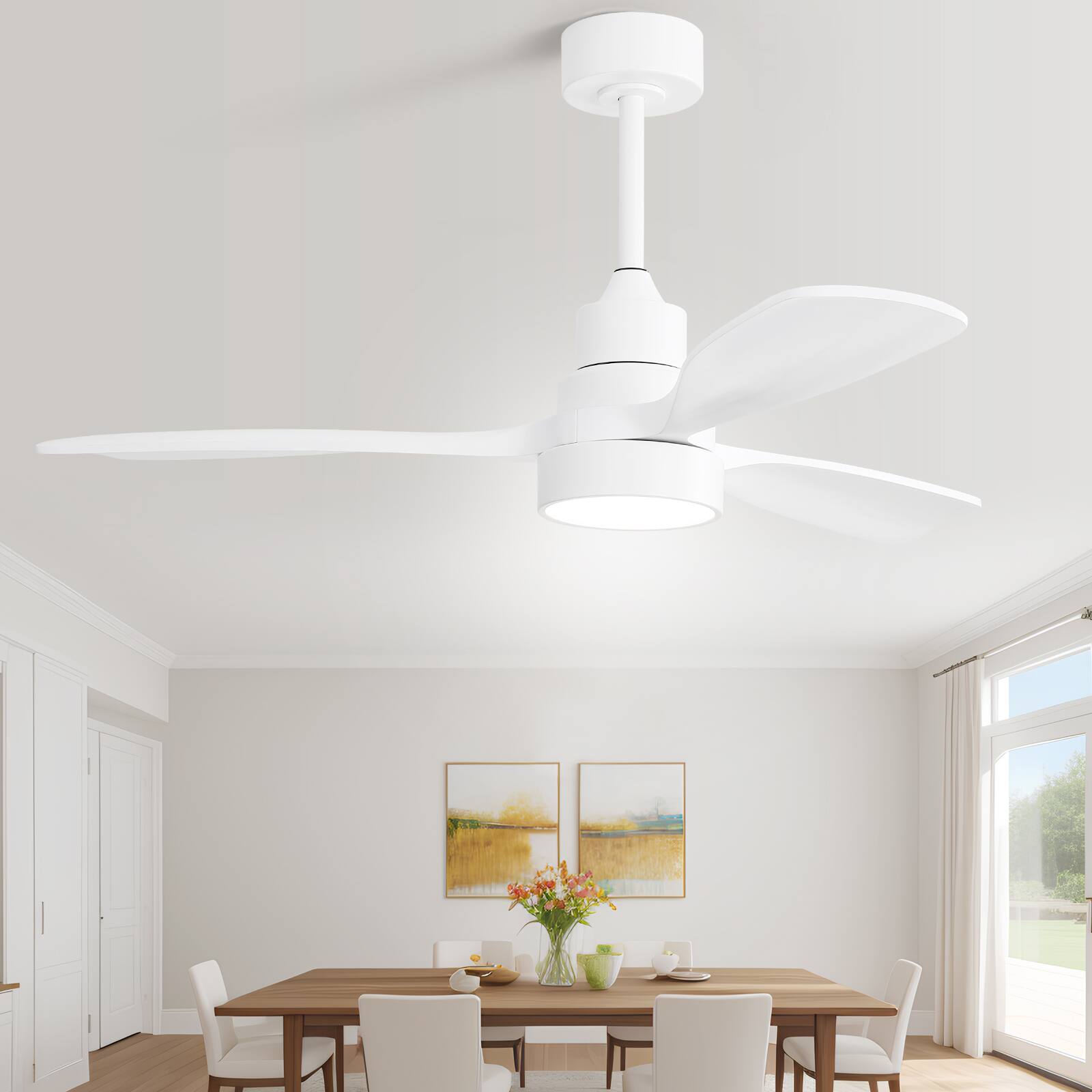 Left. Sofucor - 48 Inch Indoor Outdoor Ceiling Fans with LED Light & Remote Control 3 White Wood Blades Reversible DC Dimmable LED - White.