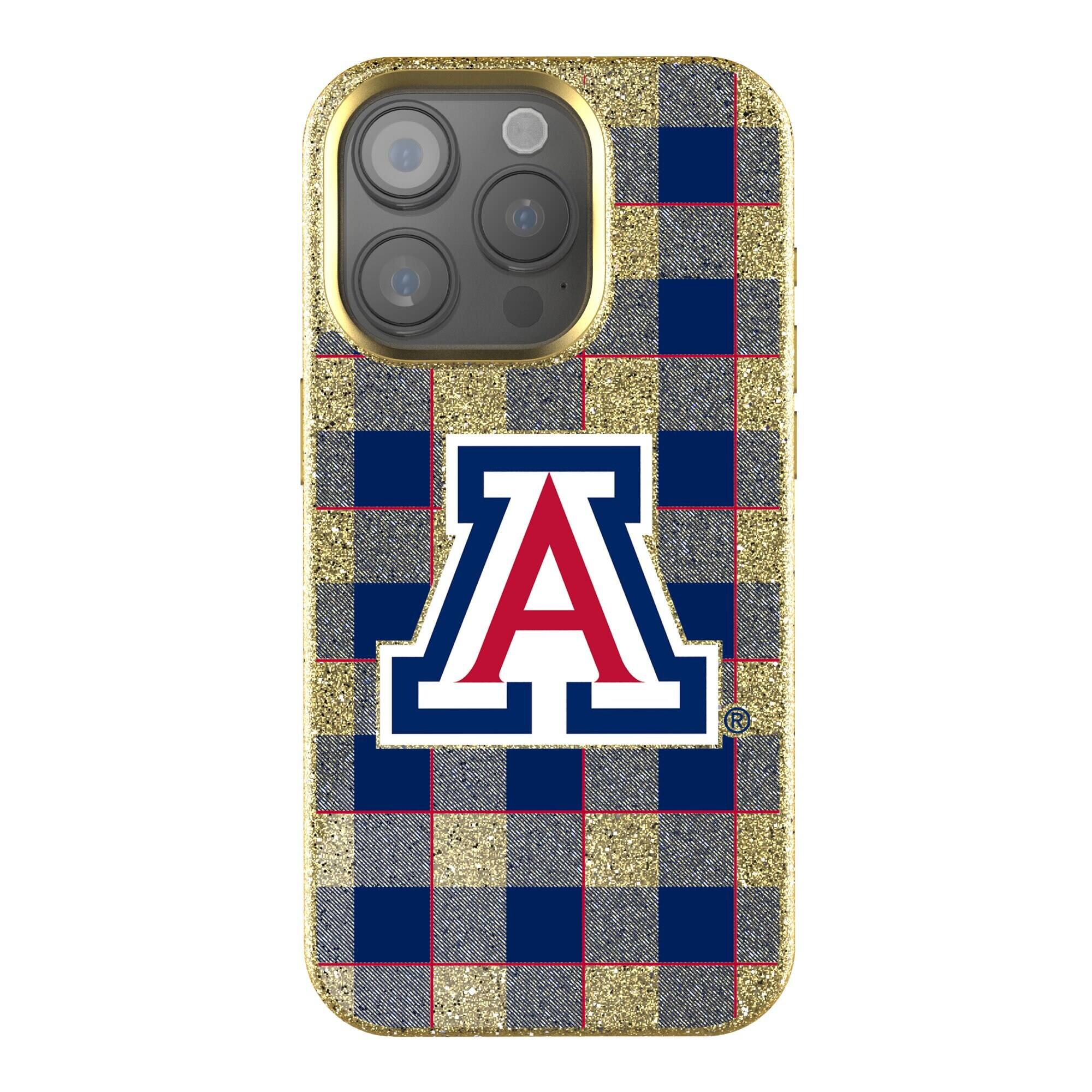 Front. Keyscaper - Arizona Wildcats Plaid iPhone Bling Case - 16 Pro Max - Gold.