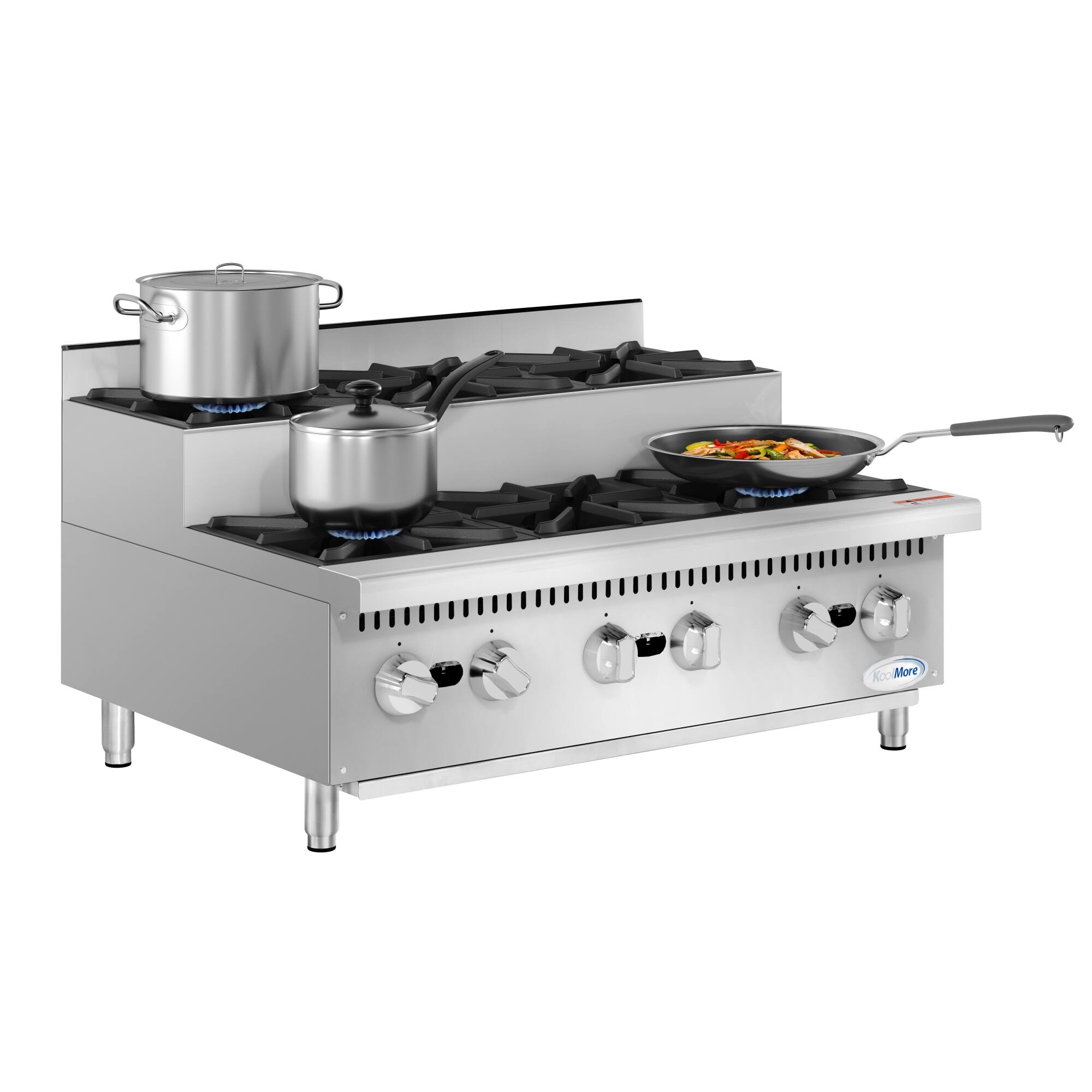 Angle. Koolmore - 36 in. Commercial Six-Burner Step Up Gas Range, 156000 BTU in Stainless-Steel (KM-CRSU-36) - Silver.