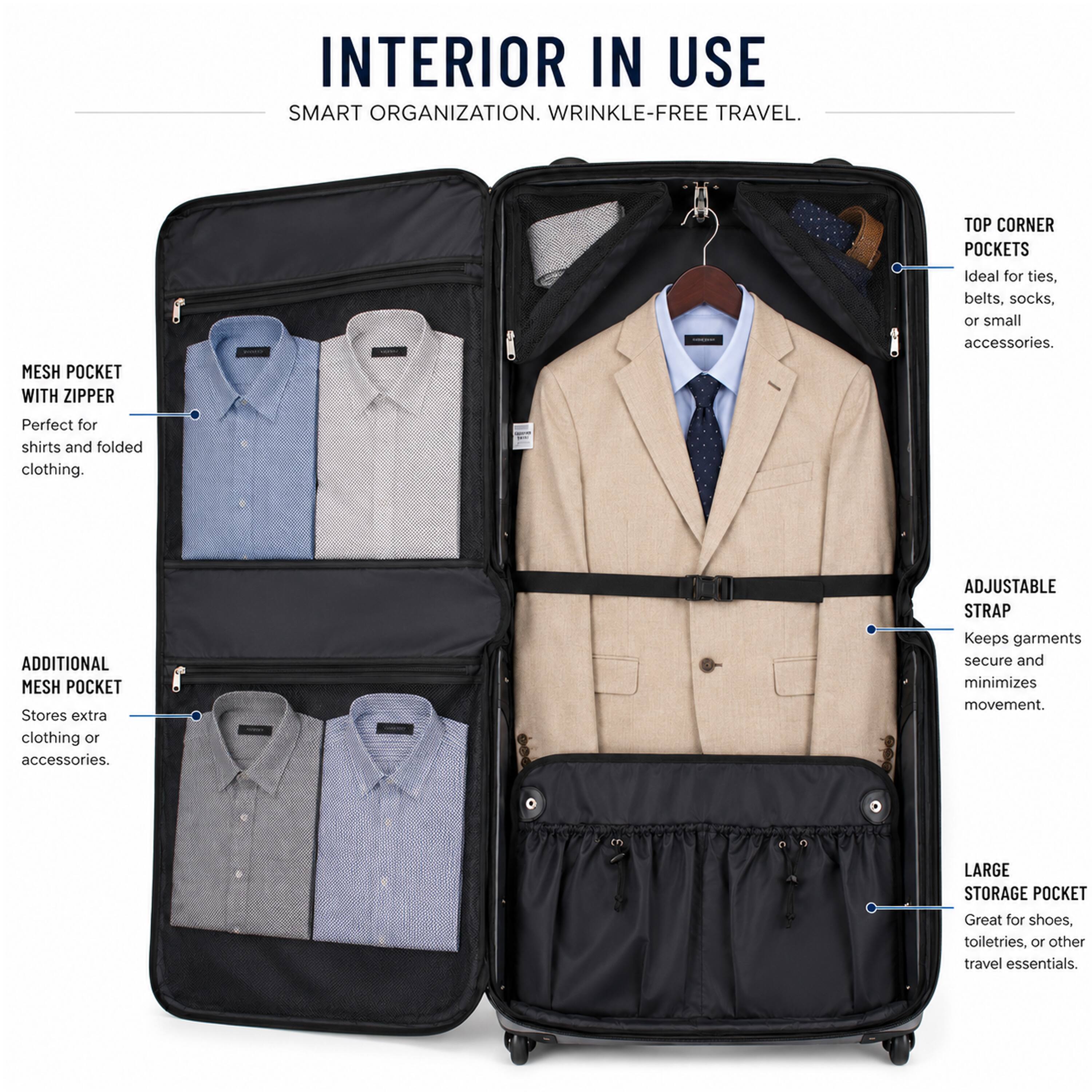 INTERIOR IN USE  
SMART ORGANIZATION. WRINKLE-FREE TRAVEL.  

- TOP CORNER POCKETS  
  Ideal for ties, belts, socks, or small accessories.  

- MESH POCKET WITH ZIPPER  
  Perfect for shirts and folded clothing.  

- ADDITIONAL MESH POCKET  
  Stores extra clothing or accessories.  

- ADJUSTABLE STRAP  
  Keeps garments secure and minimizes movement.  

- LARGE STORAGE POCKET  
  Great for shoes, toiletries, or other travel essentials.