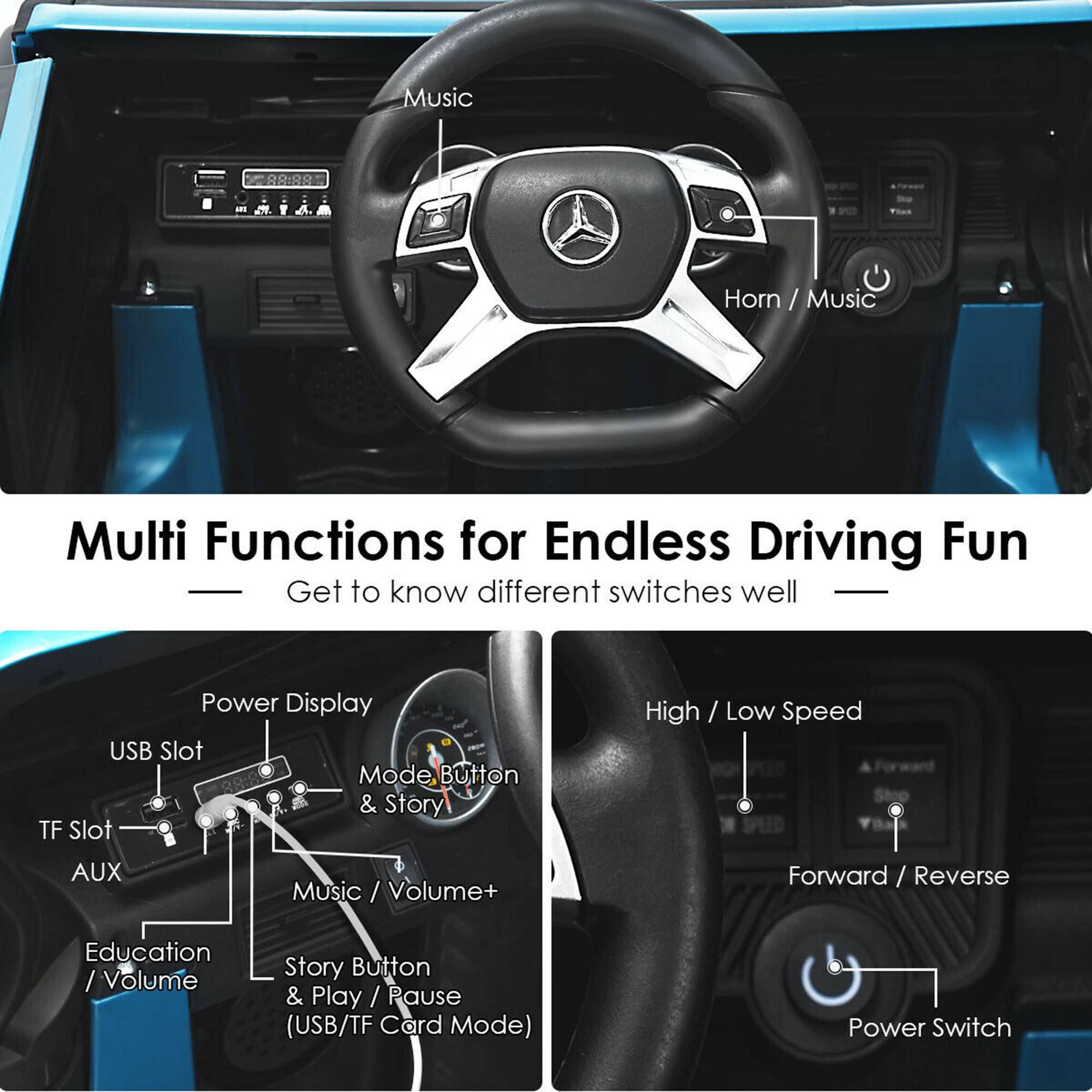 Multi Functions for Endless Driving Fun

Get to know different switches well

- Music
- Horn / Music
- Power Display
- USB Slot
- TF Slot
- AUX
- Education / Volume
- Mode Button & Story
- Music / Volume+
- Story Button & Play / Pause (USB/TF Card Mode)
- High / Low Speed
- Forward / Reverse
- Power Switch