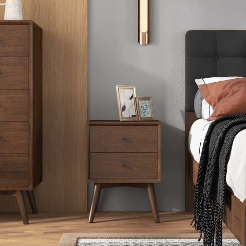 Left. LUCKY ONE - 23.6" Assembled Mid Century Nightstand 2-Drawer Solid Wood - Dark Brown.