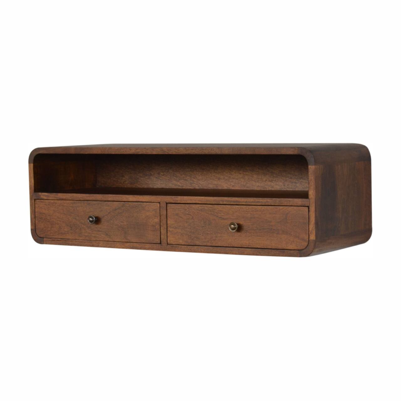 Left. Artisan Furniture - Artisan Furniture Solid Wood Floating Chestnut Open Console, 2 Drawers & 1 Shelf, Brown - Brown.
