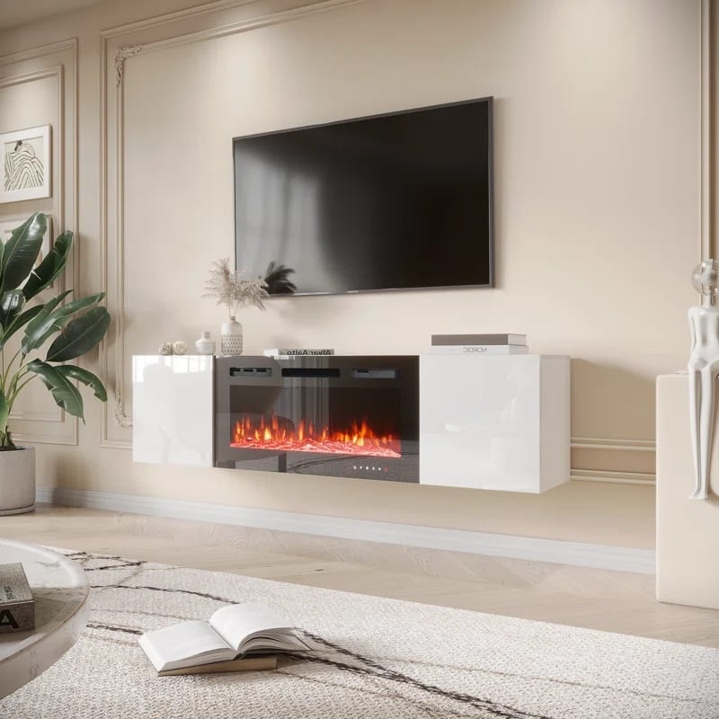 U-HOMY - 70" Floating Fireplace TV Stand with Electric Heater, Wall-Mounted Media Console with Storage - Black