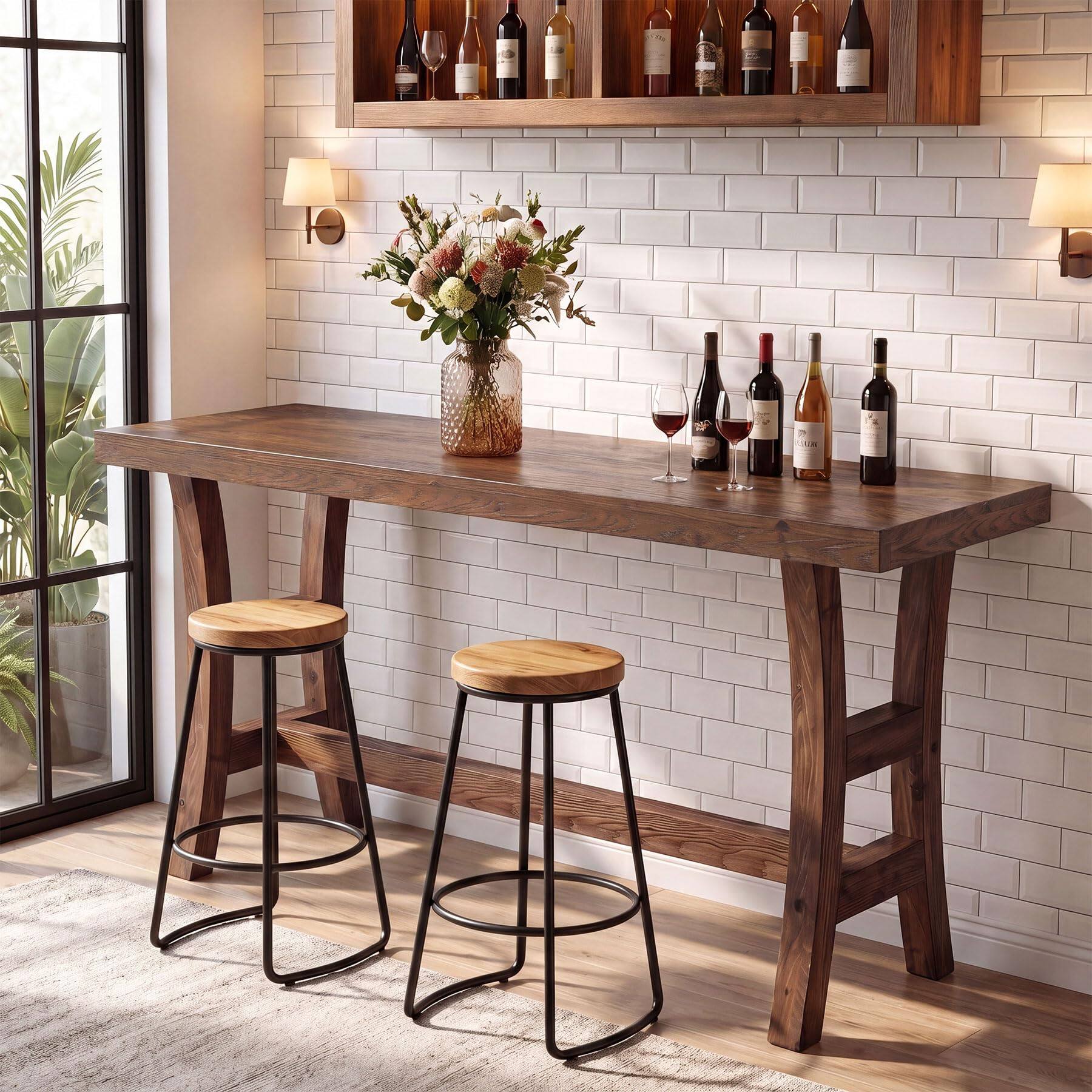 Alt View 5. Tribesigns - 63-Inch Solid Fir Wood Counter-Height Bar Table with Curved Legs and Footrest for Kitchen or Bistro - Dark Walnut.