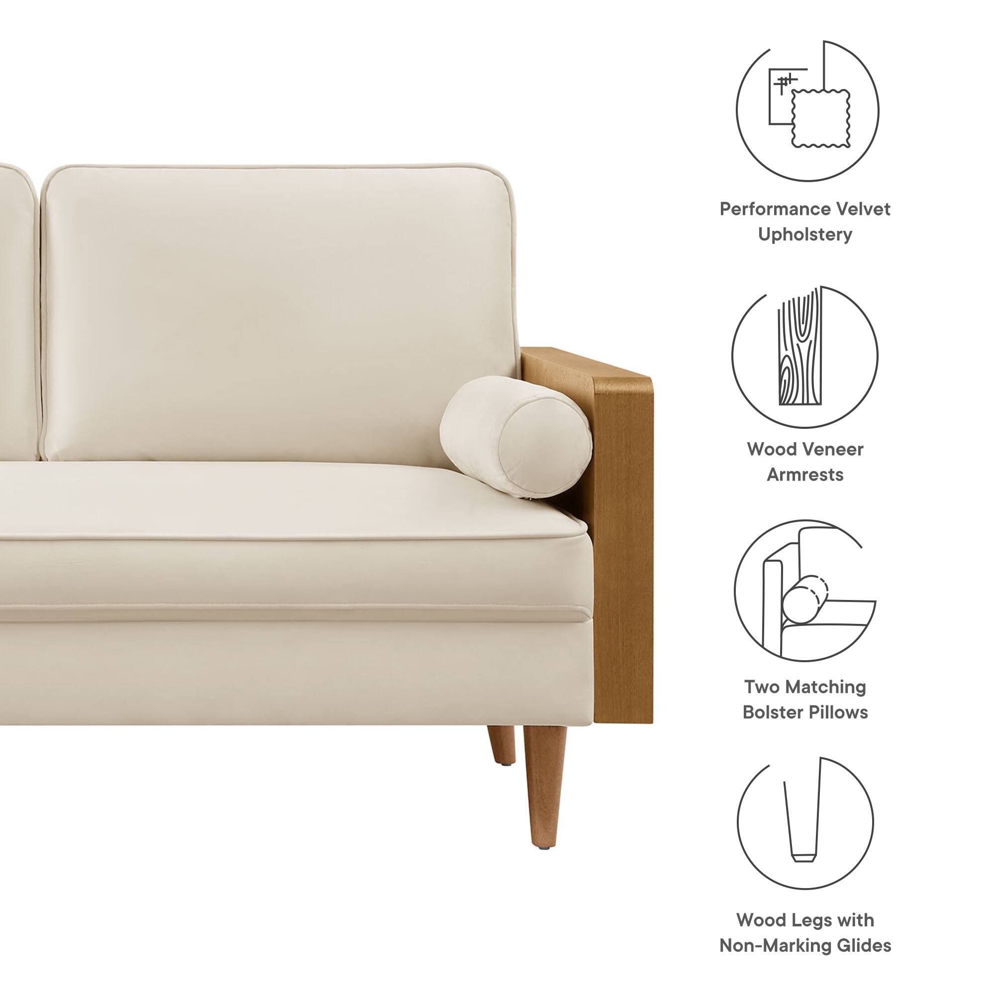 Performance Velvet Upholstery  
Wood Veneer Armrests  
Two Matching Bolster Pillows  
Wood Legs with Non-Marking Glides