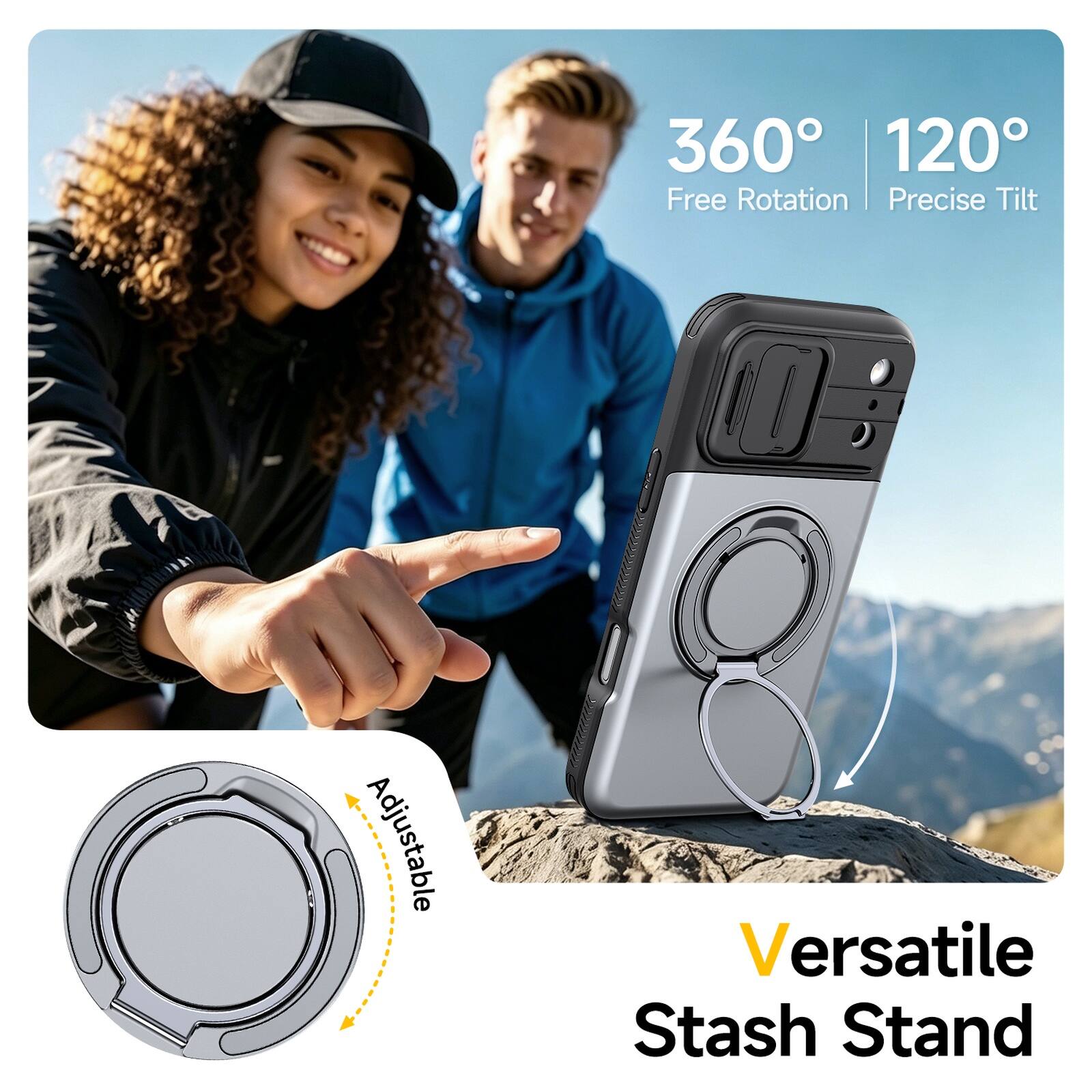 360° 120° Free Rotation | Precise Tilt  
Adjustable  
Versatile Stash Stand