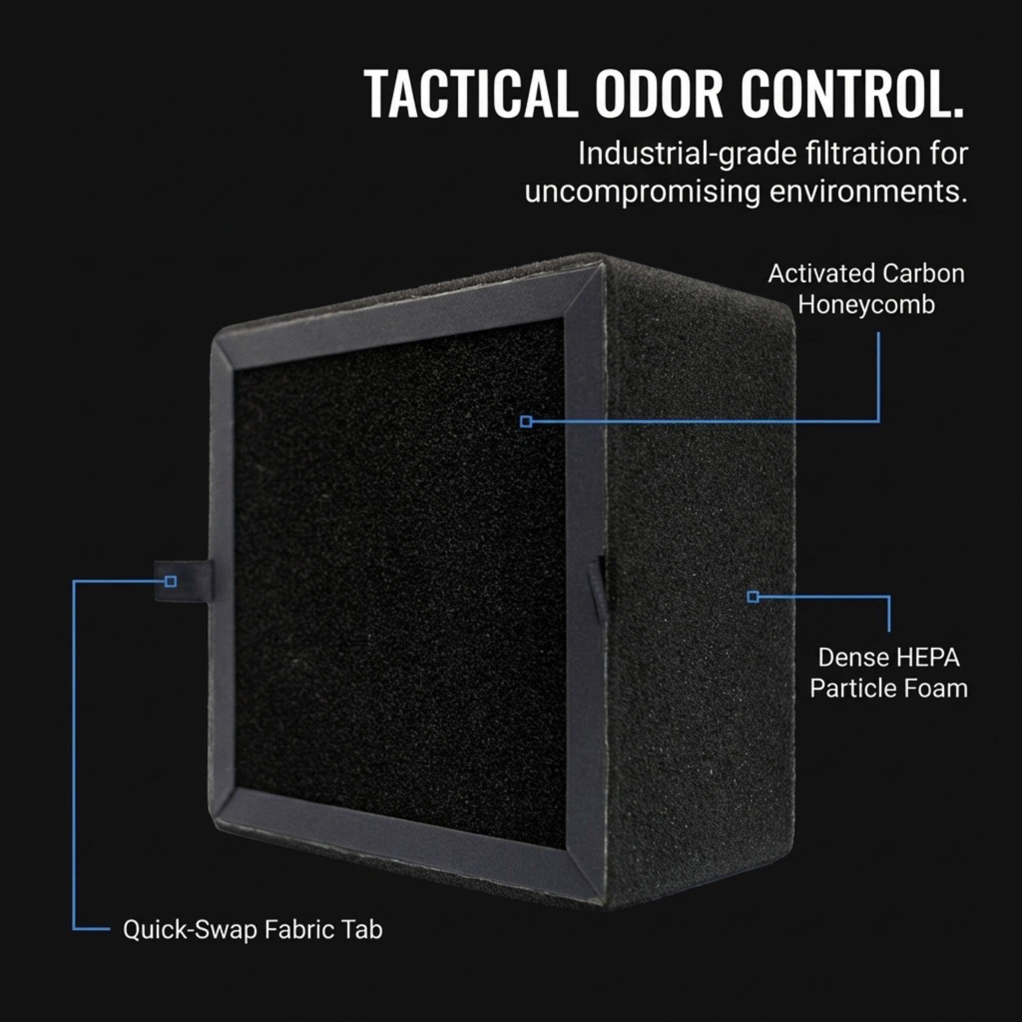 TACTICAL ODOR CONTROL.  
Industrial-grade filtration for uncompromising environments.  

- Activated Carbon Honeycomb  
- Dense HEPA Particle Foam  
- Quick-Swap Fabric Tab