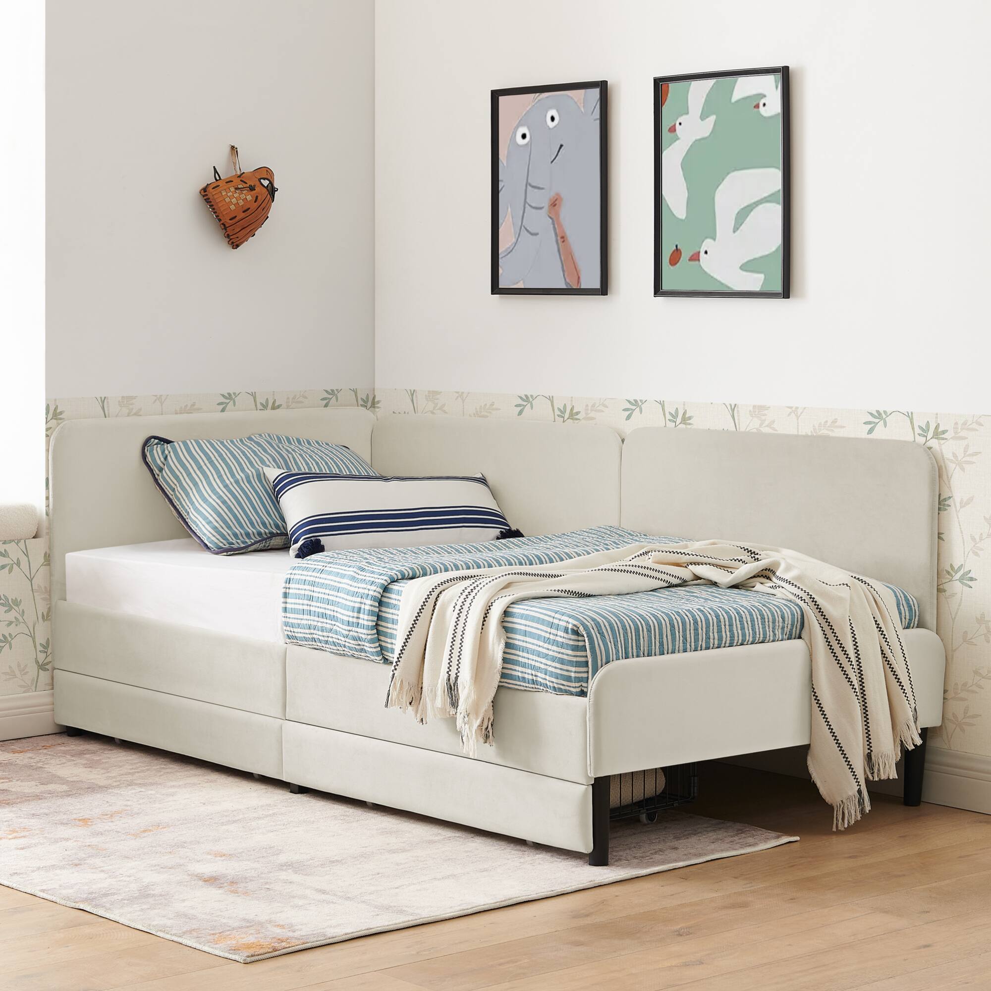 Back. GOODSILO - Twin Size Upholstered Platform Sofa Bed Frame with Dual Storage Drawers for Space Saving Solutions - Beige.