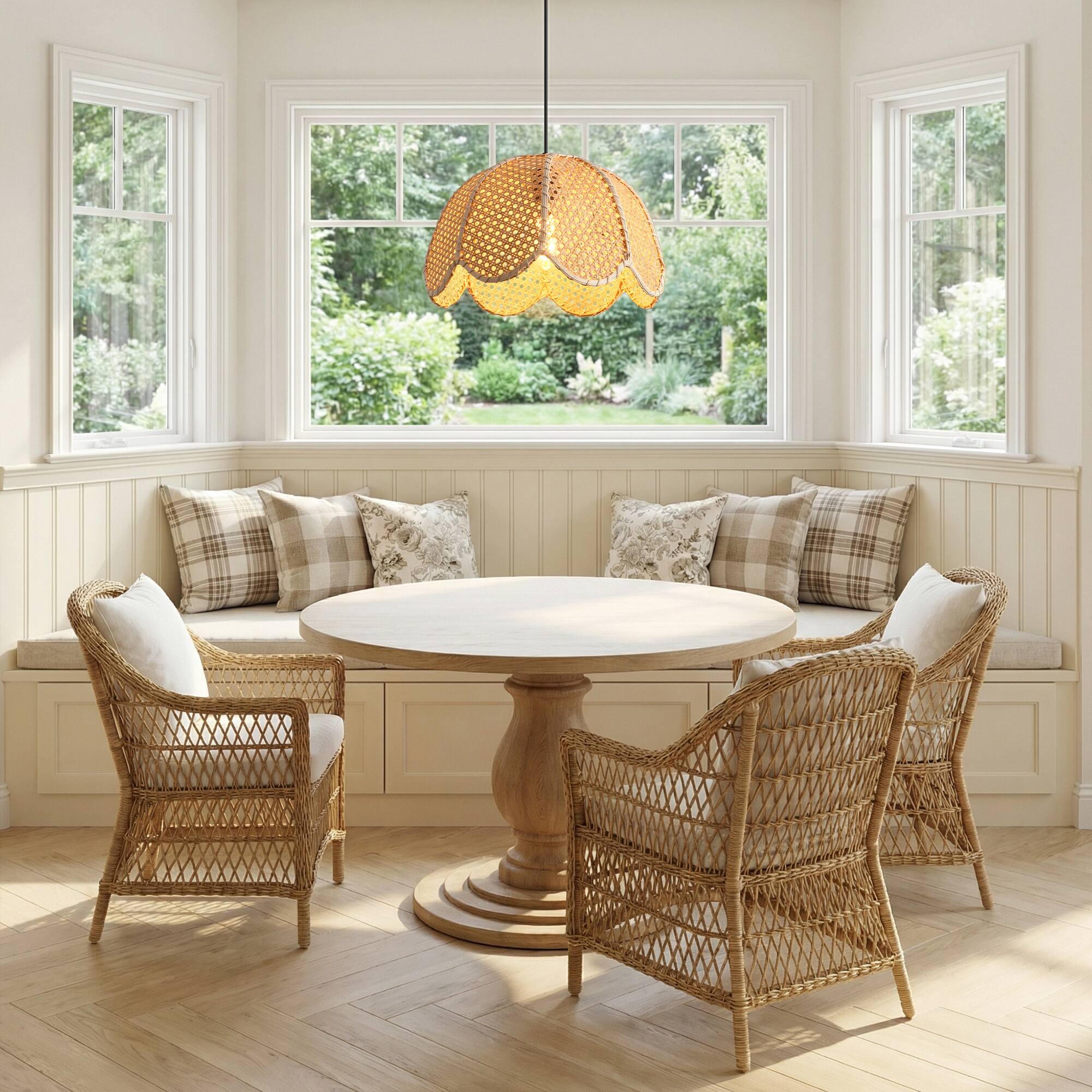 Angle. Parrot Uncle - 1-Light Farmhouse Flower Shaped Brown Hand-Woven Natural Rattan Hanging Pendant Light.