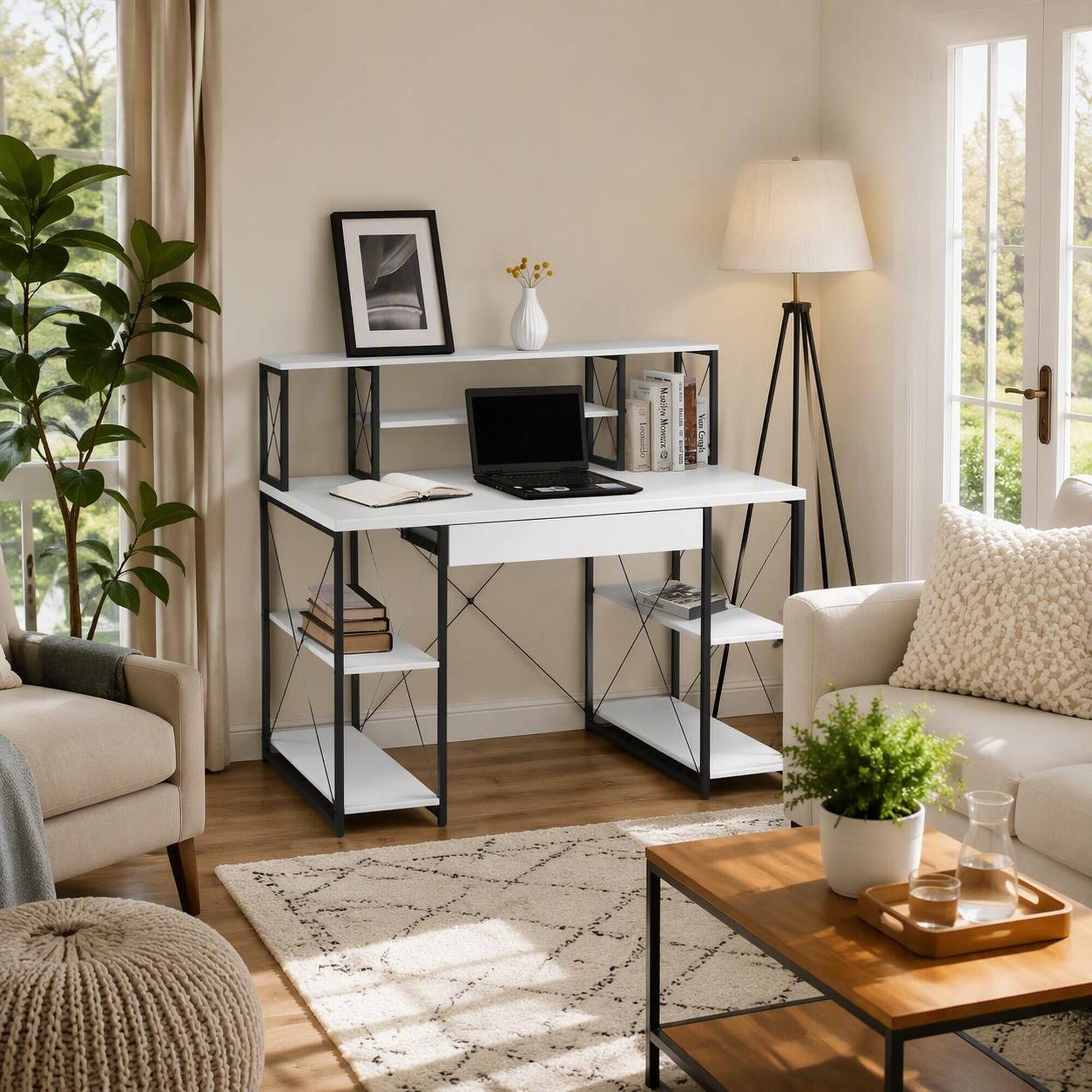 RYHNUYNE White, Black Office Desk, 47.5 in Wide Metal Sled Base, Open ...