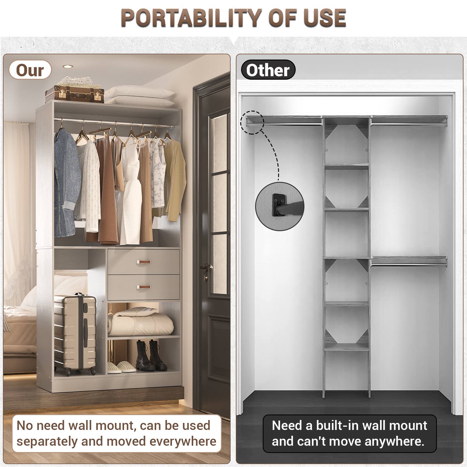 PORTABILITY OF USE

Our  
No need wall mount, can be used separately and moved everywhere

Other  
Need a built-in wall mount and can't move anywhere.