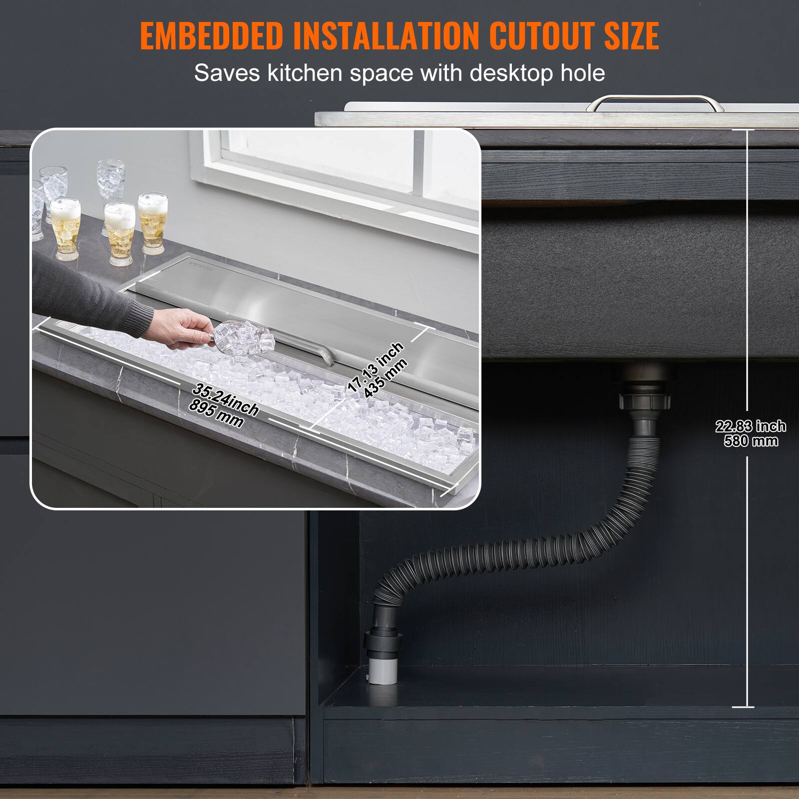 EMBEDDED INSTALLATION CUTOUT SIZE  
Saves kitchen space with desktop hole  

- 895 mm (35.24 inch)  
- 17.13 inch (435 mm)  
- 22.83 inch (580 mm)