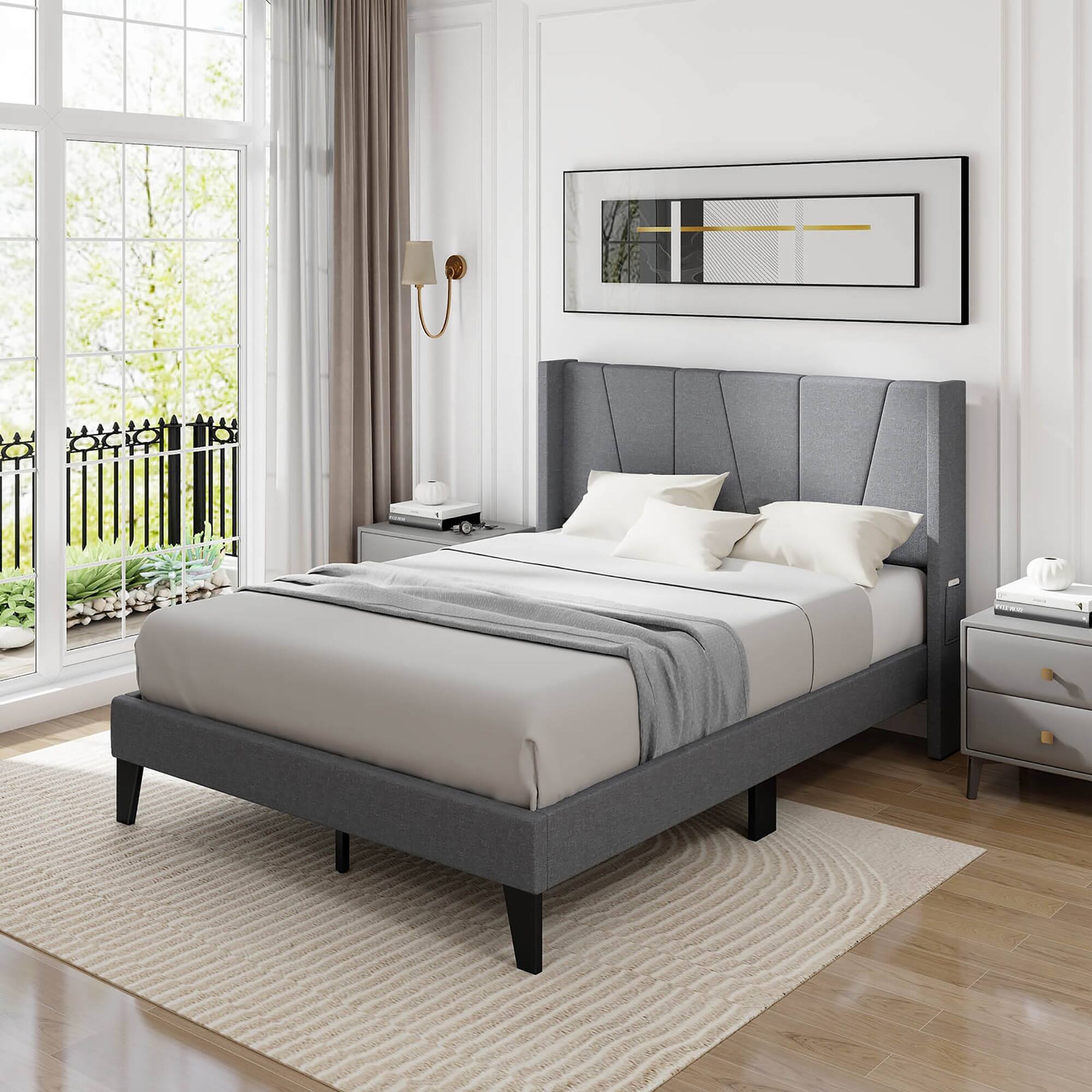 Alt View 9. Gymax - Gymax Full Size Upholstered Bed Frame w/ Elastic Pockets Mattress Foundation Gray - Gray.