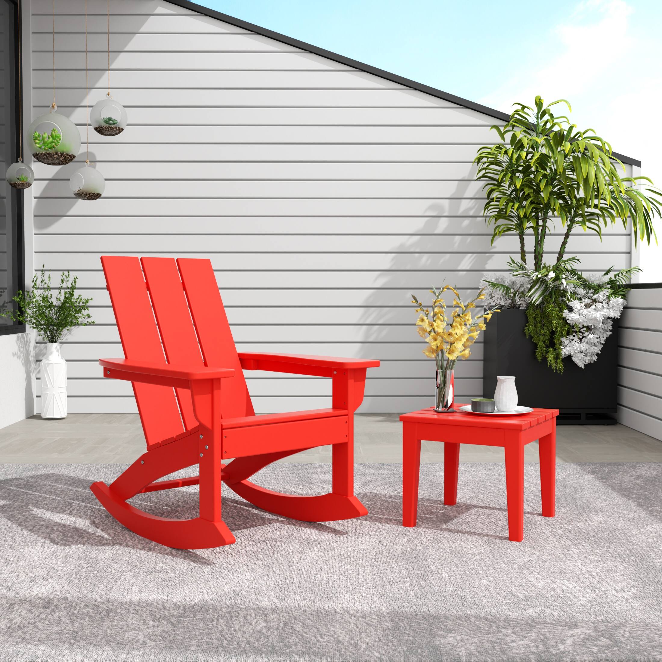 Angle. WestinTrends - WestinTrends Ashore 2-Pieces Set Modern Plastic Outdoor Rocking Chair with Square Side Table - Red.