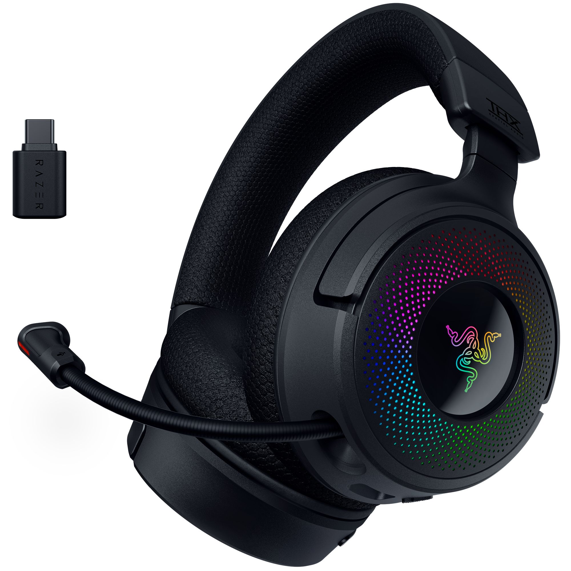 The image features a black and purple headset with a colorful logo on the side. The headset is connected to a microphone, and the headphones are placed on the head. The headset is designed by Razer, a company known for its gaming accessories. The headset is equipped with a USB connector, which is likely used for connecting to a computer or other device. The headset is also compatible with a USB adapter, which is included in the package. The USB adapter is a small device that allows the headset to be used with a wider range of devices.