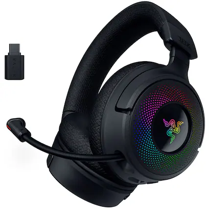 The image features a black and purple headset with a colorful logo on the side. The headset is connected to a microphone, and the headphones are placed on the head. The headset is designed by Razer, a company known for its gaming accessories. The headset is equipped with a USB connector, which is likely used for connecting to a computer or other device. The headset is also compatible with a USB adapter, which is included in the package. The USB adapter is a small device that allows the headset to be used with a wider range of devices.