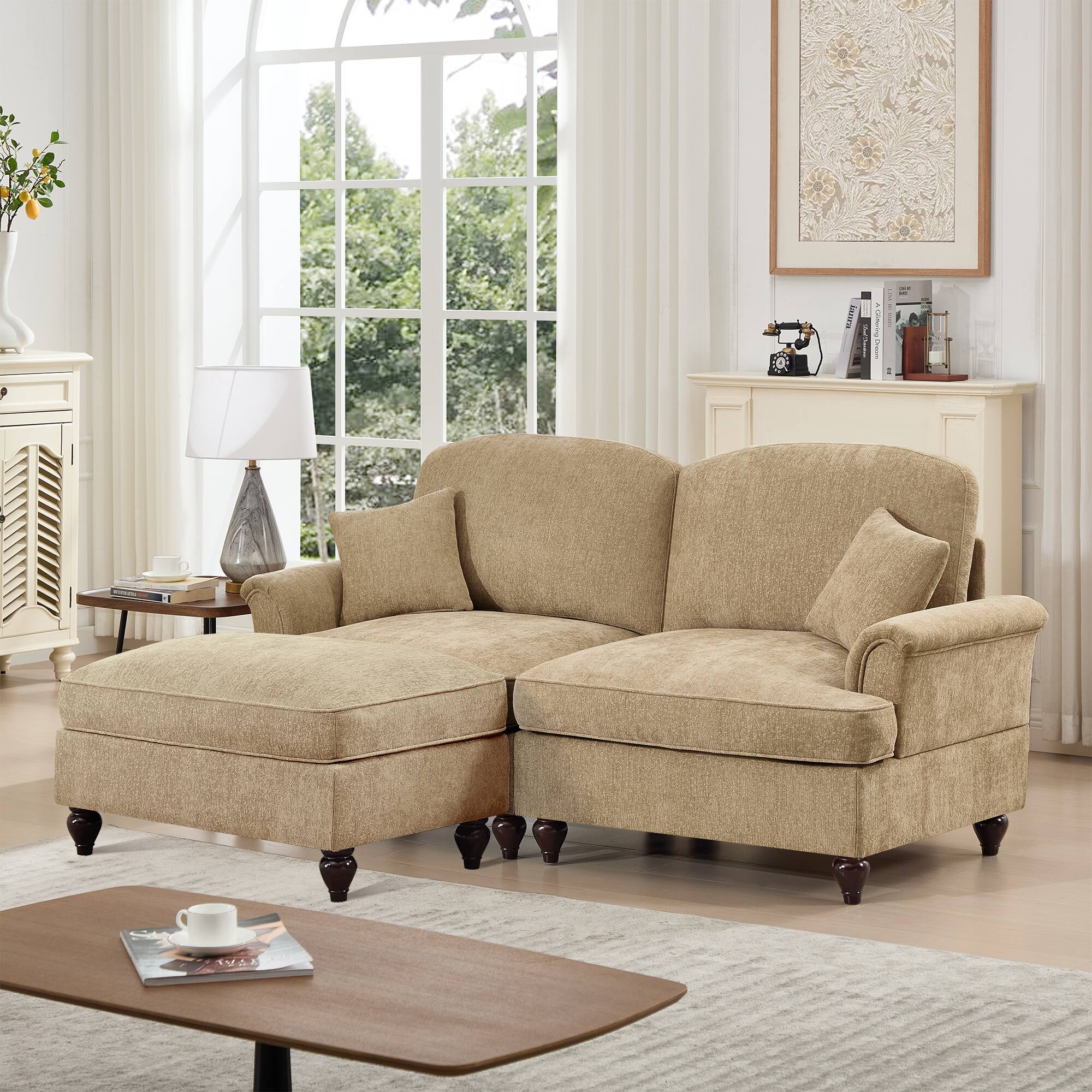 Angle. Anysun - Mid-Century L-Shape Chenille Loveseat with Ottoman - Flared Arms, Ruffled Skirt & Spindle Legs - Coffee.