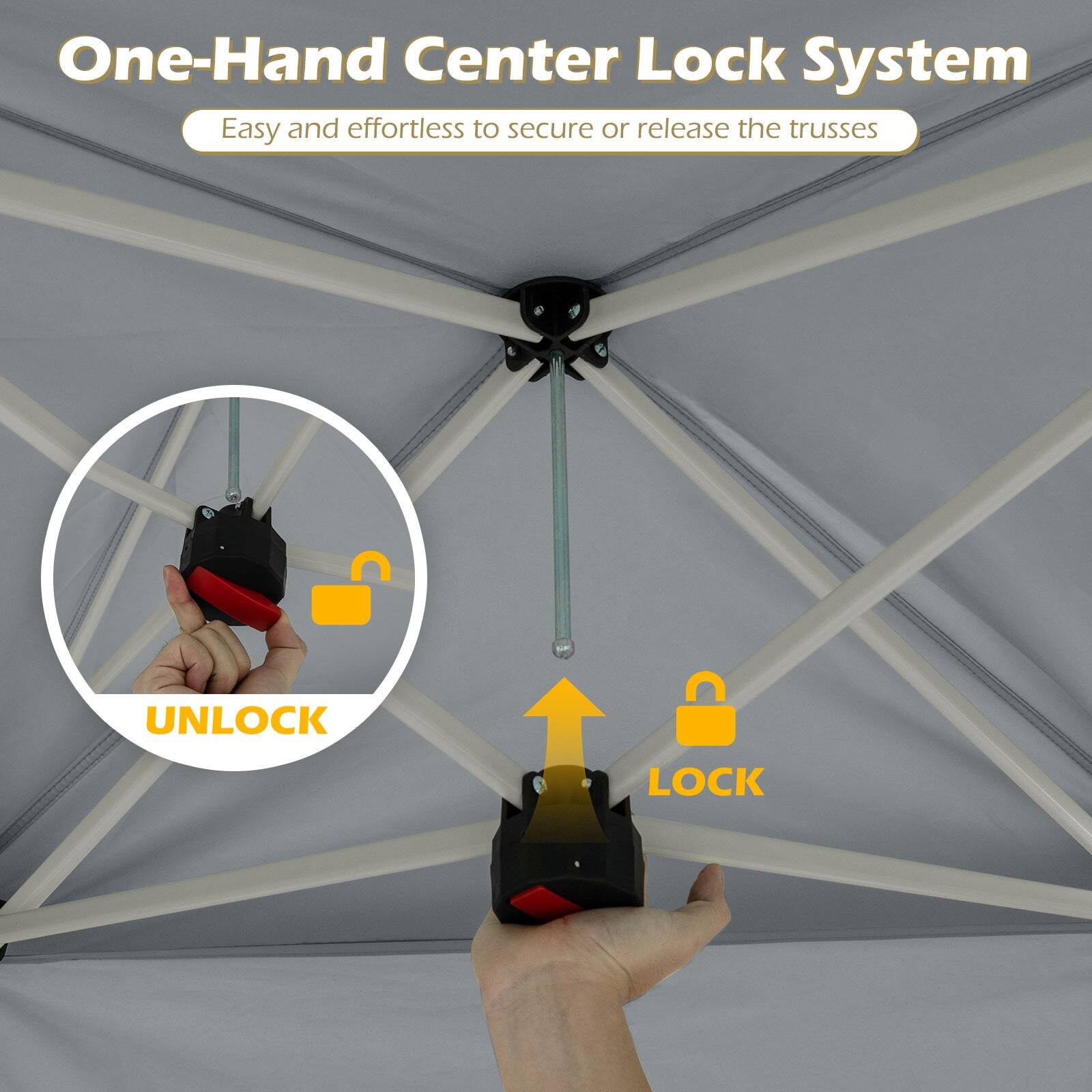 One-Hand Center Lock System  
Easy and effortless to secure or release the trusses  

UNLOCK  
LOCK