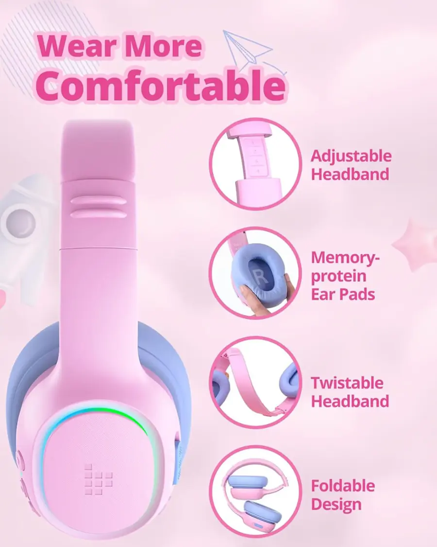 Wear More Comfortable: 1. Adjustable Headband, 2. Memory-protein Ear Pads, 3. Twistable Headband, 4. Foldable Design.