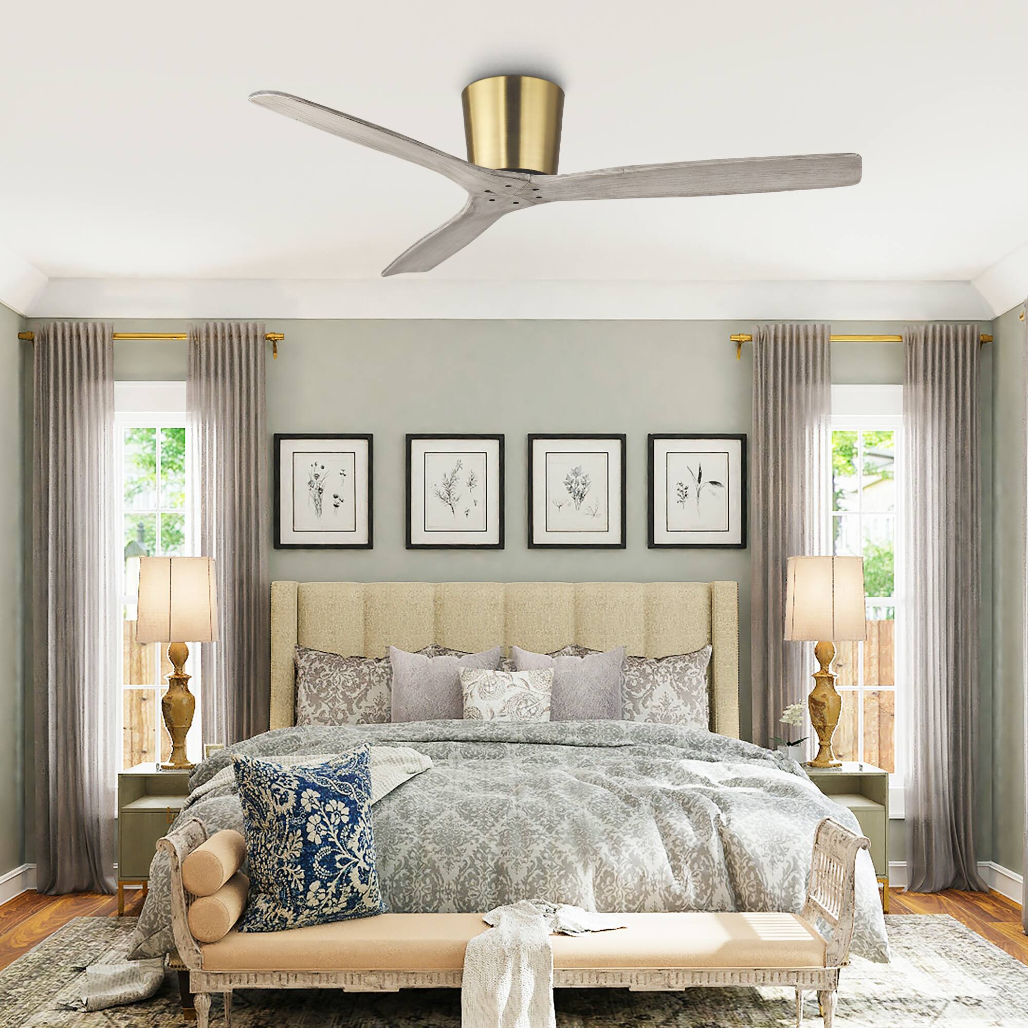 Angle. Parrot Uncle - 54" Modern Solid Wood Blades Low Profile Ceiling Fan without Light - Gold.
