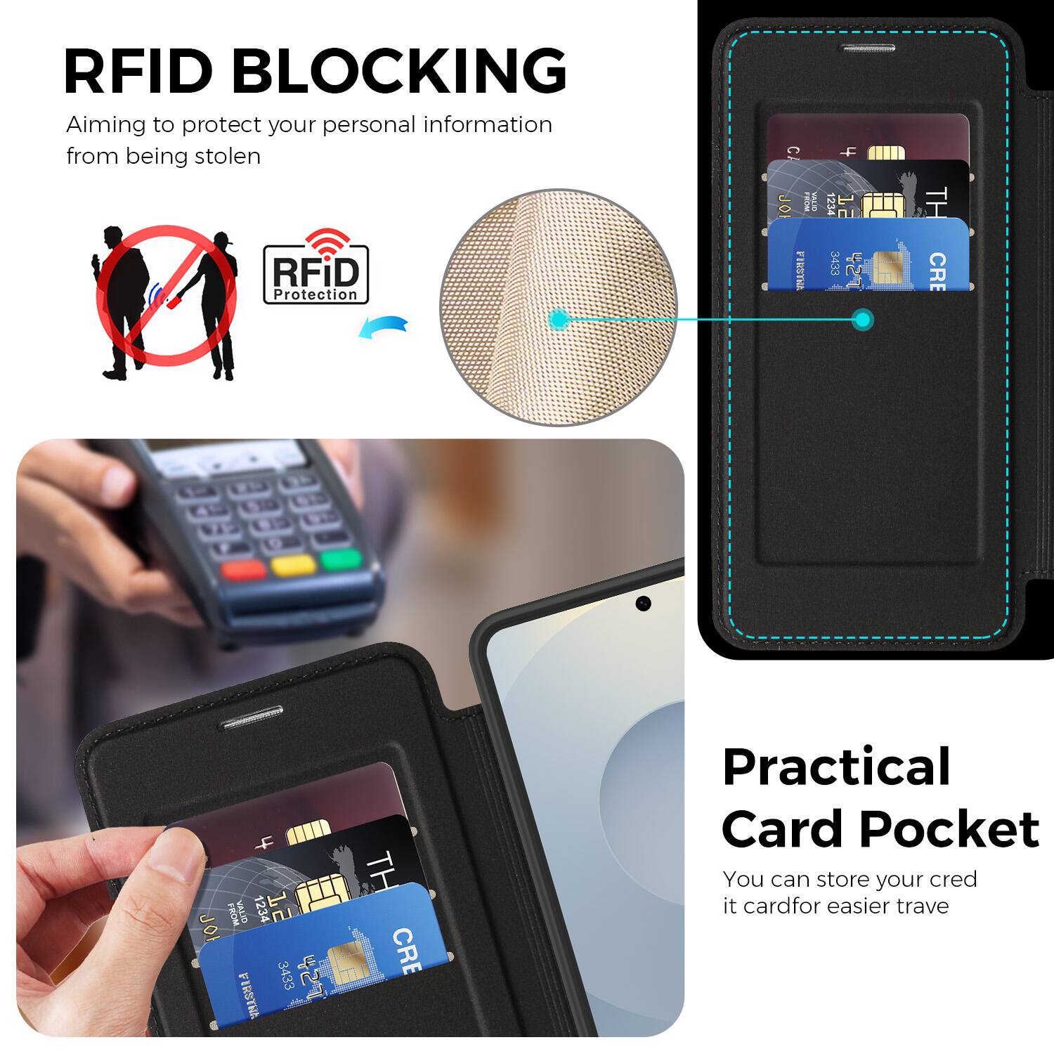 RFID BLOCKING  
Aiming to protect your personal information from being stolen

RFID Protection

Practical Card Pocket  
You can store your credit card for easier travel