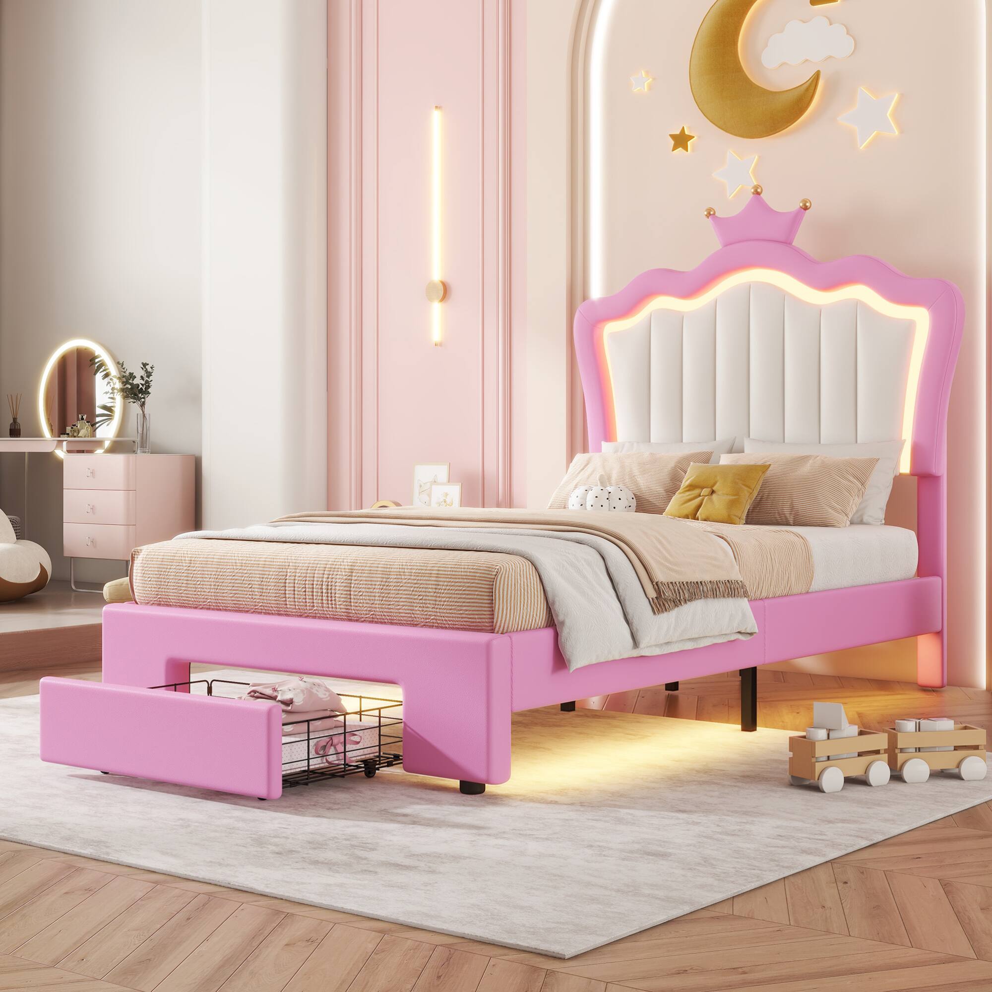 Alt View 6. GOODSILO - Twin Size Upholstered Platform Bed with LED Lighting and Storage Drawer, Modern Crown Headboard Design for Bedroom Decor - Pink+White.