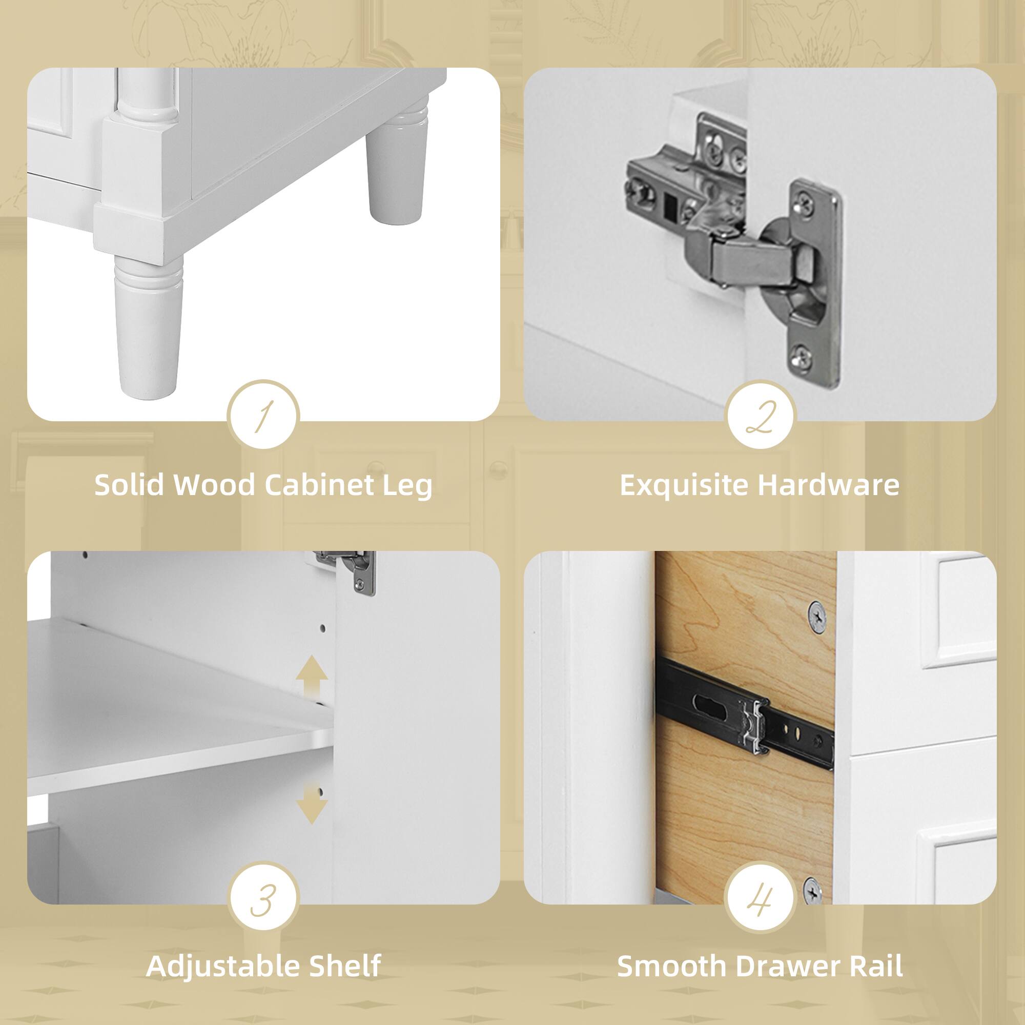 1. Solid Wood Cabinet Leg  
2. Exquisite Hardware  
3. Adjustable Shelf  
4. Smooth Drawer Rail