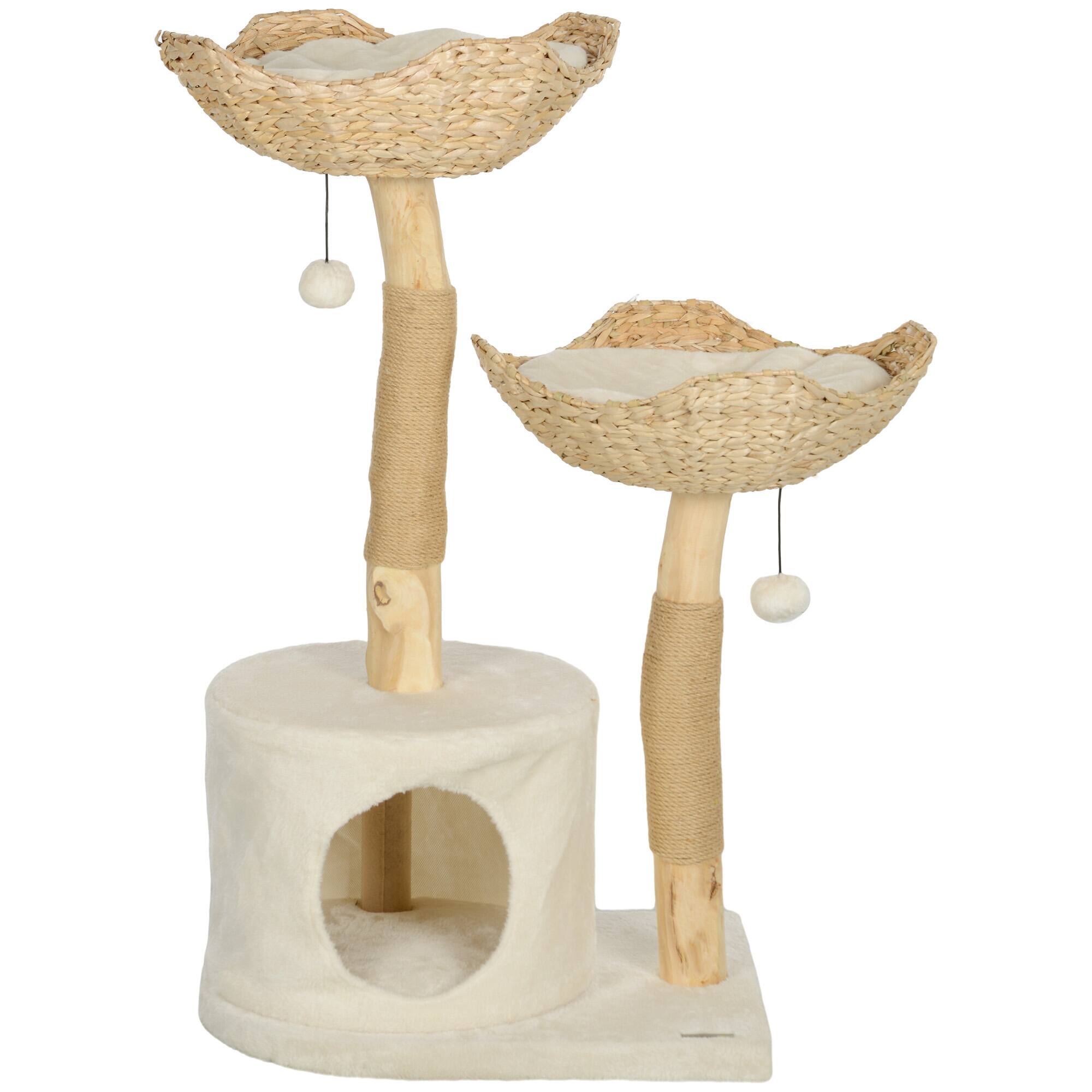 Front. Pawhut - Inch Modern Cat Tree w/ Wooden Scratching Posts, Condo, Beds, Cushions - Cream White.