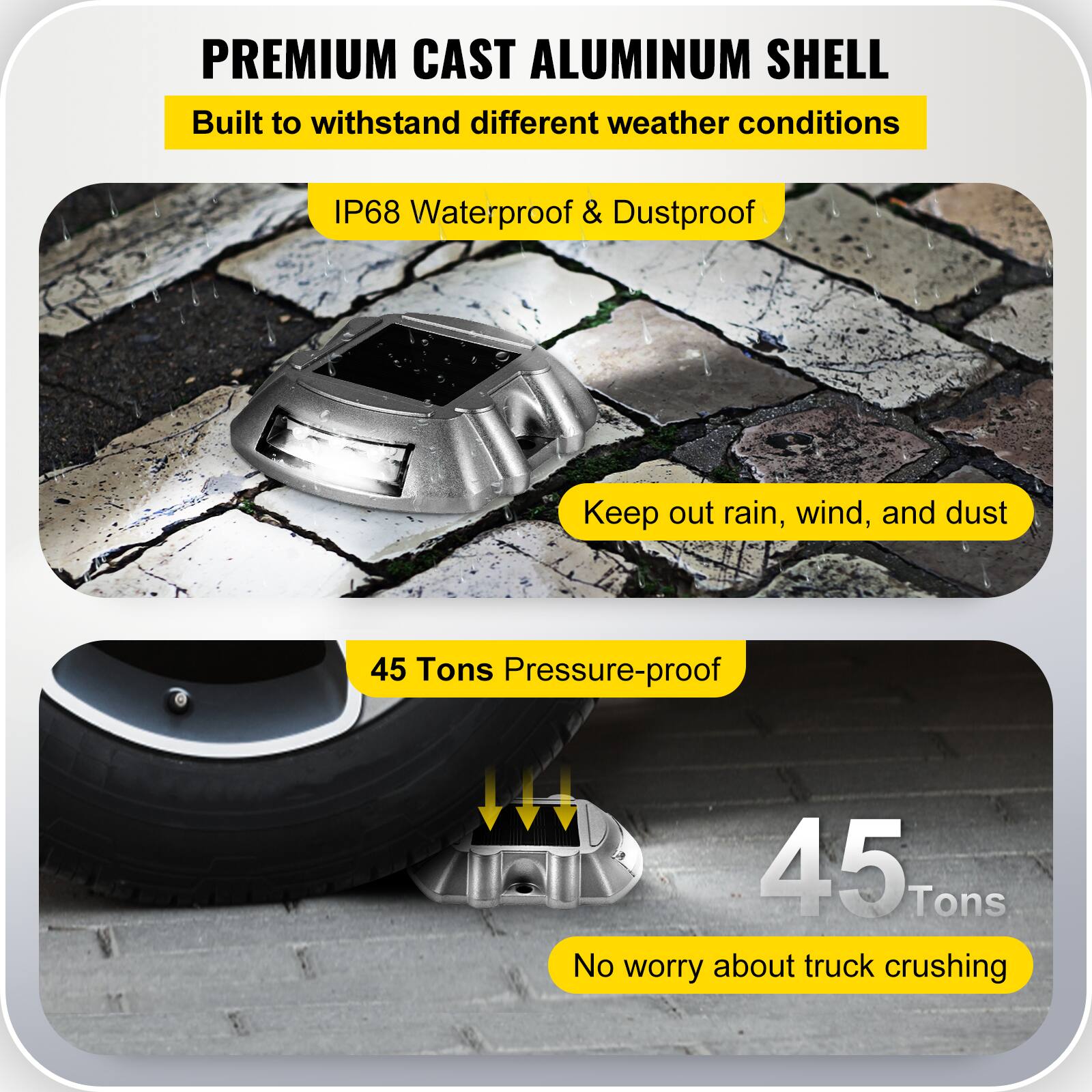 **PREMIUM CAST ALUMINUM SHELL**

- Built to withstand different weather conditions
- IP68 Waterproof & Dustproof
- Keep out rain, wind, and dust
- 45 Tons Pressure-proof
- No worry about truck crushing