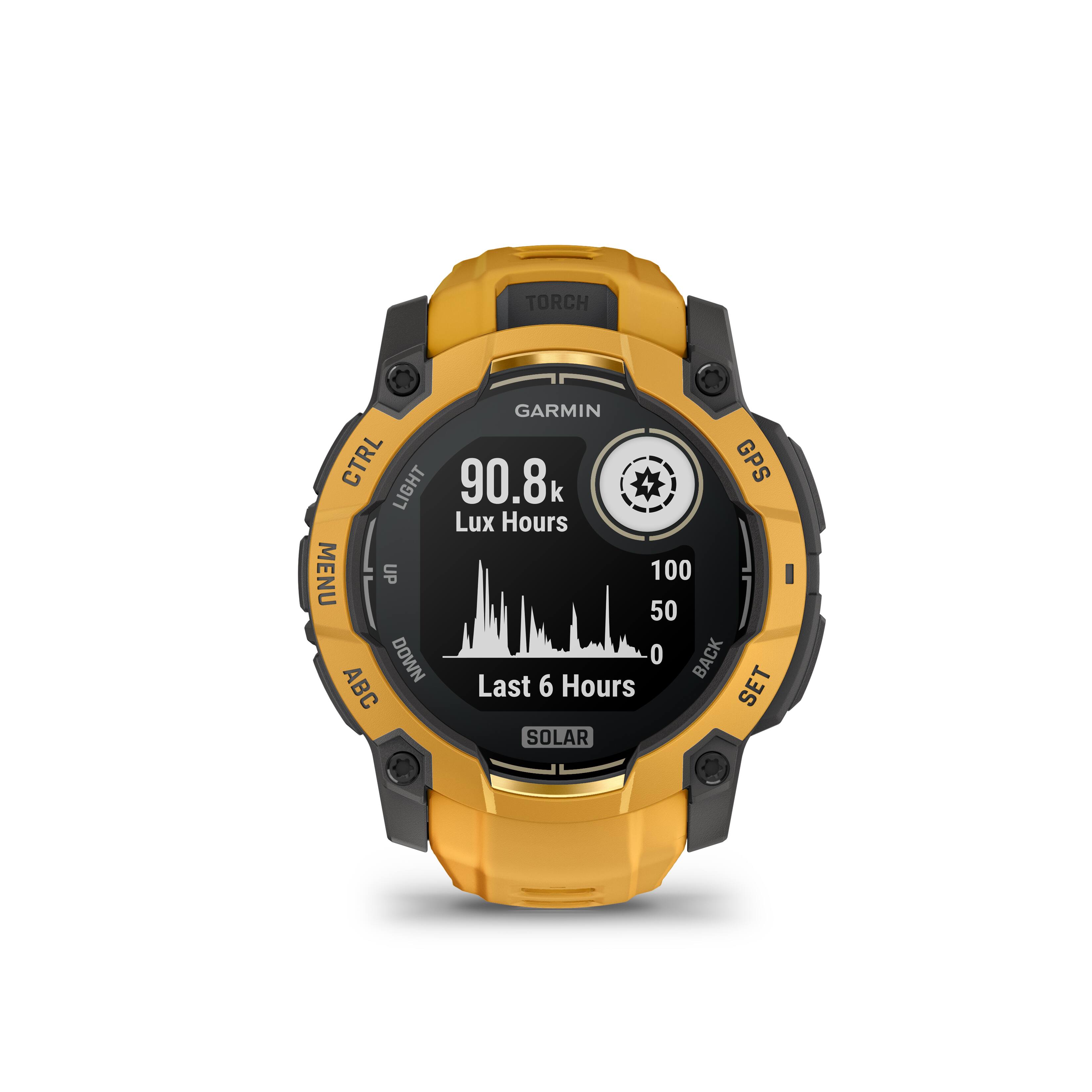 TORCH GARMIN CTRL LIGHT 90.8k GPS Lux Hours MENU UP 100 50 DOWN 0 BACK ABC Last 6 Hours SET SOLAR