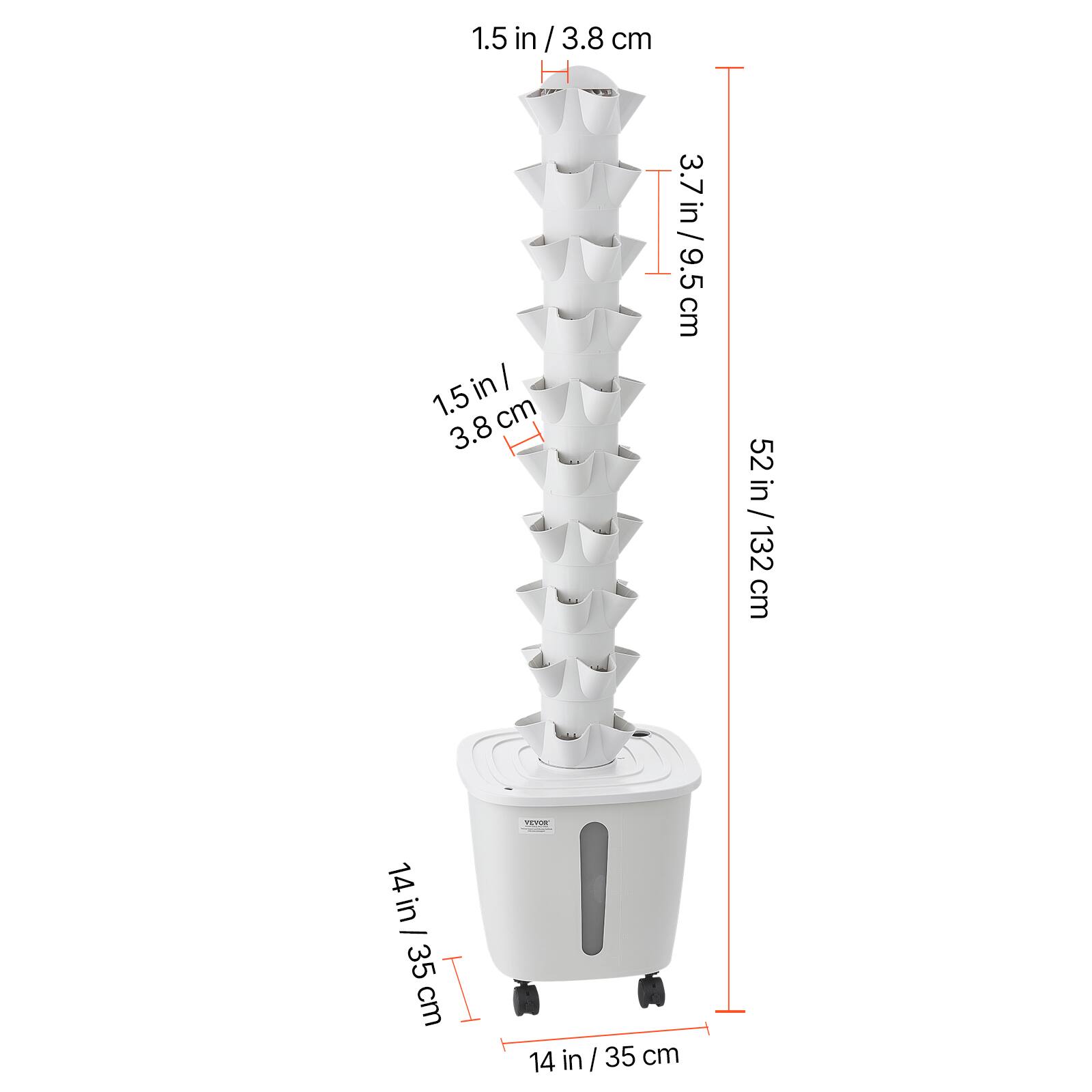 1.5 in / 3.8 cm  
3.7 in / 9.5 cm  
52 in / 132 cm  
14 in / 35 cm
