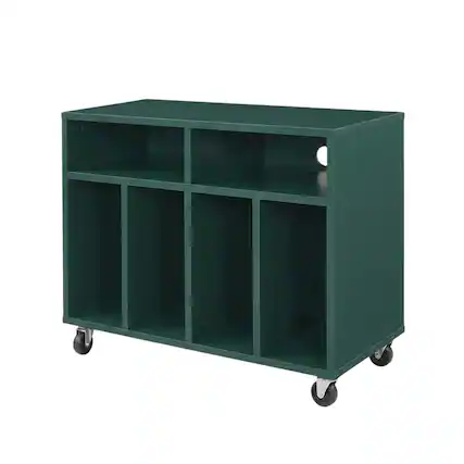 Front. FurniFact - Wooden record player stand with vinyl storage - Dark Teal.