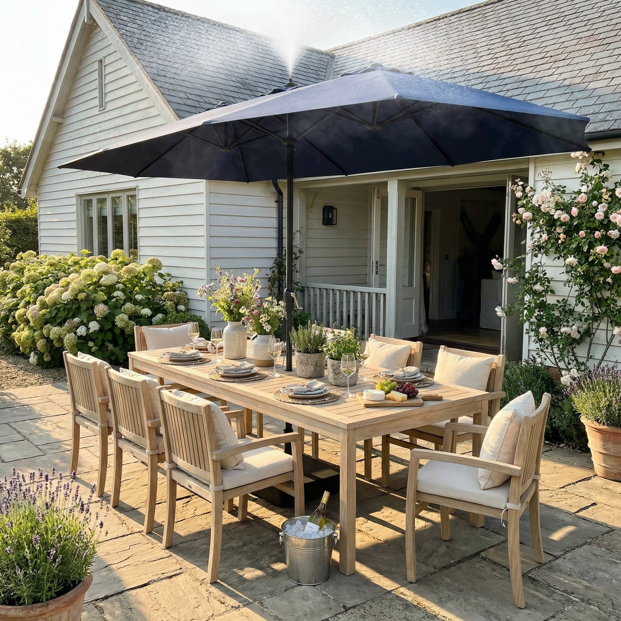 Left. Famapy - 11ft Double-Top Patio Misting Umbrella - Spray Cooling System & Reinforced Frame for Pool, Garden - Navy blue.