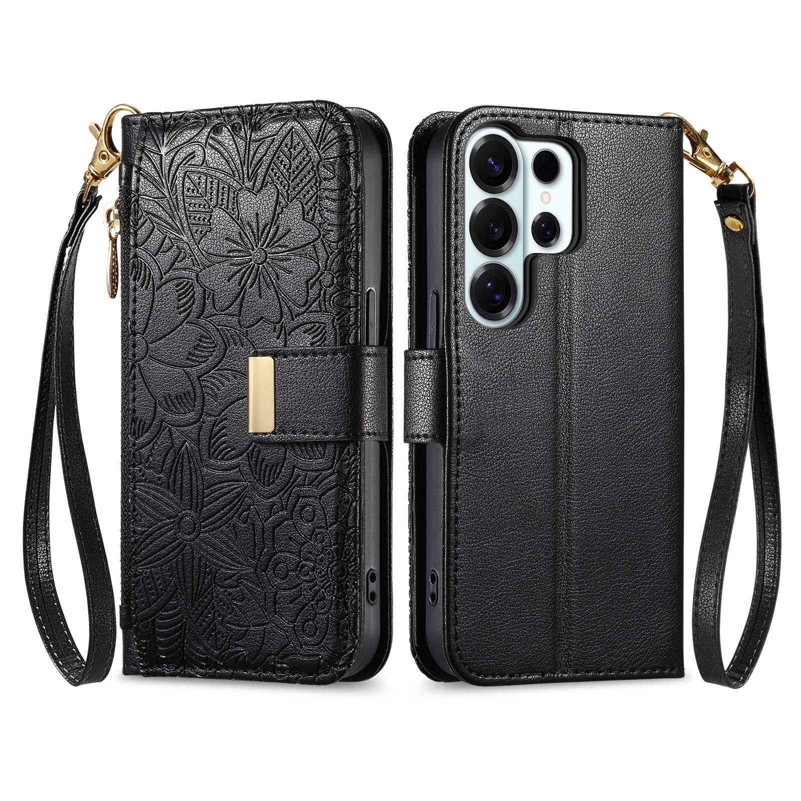 Angle. UUCOVER - Floral PU Leather Wallet Case for Samsung Galaxy S26 Ultra with Zipper Pocket, Cash Card Slot, Shoulder & Wrist Strap - Black.