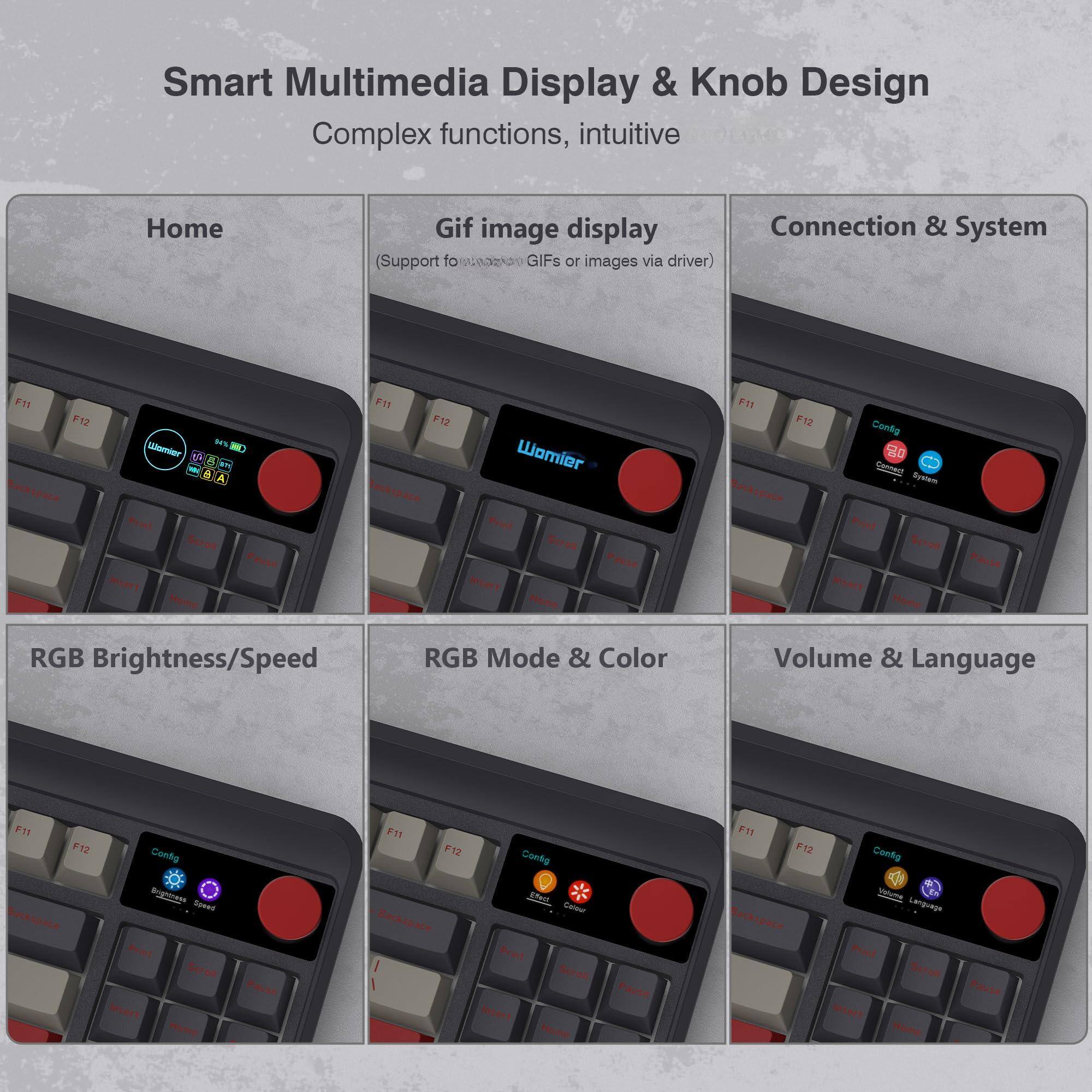 Smart Multimedia Display & Knob Design  
Complex functions, intuitive  

Home  
Gif image display (Support to fosazao GIFs or images via driver)  
Connection & System  

RGB Brightness/Speed  
RGB Mode & Color  
Volume & Language  

F11 F12  
Womier  
Proel  
Scree  
Ippet  
Faube  

F11 F12  
Womier  
Proel  
Scree  
Ippet  
Faube  

F11 F12  
Womier  
Proel  
Scree  
Ippet  
Faube  

F11 F12  
Womier  
Proel  
Scree  
Ippet  
Faube  

F11 F12  
Womier  
Proel  
Scree  
Ippet  
Faube  

F11 F12  
Womier  
Proel  
Scree  
Ippet  
Faube  

F11 F12  
Womier  
Proel  
Scree  
Ippet  
Faube  

F11 F12  
Womier  
Proel  
Scree  
Ippet  
Faube  

F11 F12  
Womier  
Pro