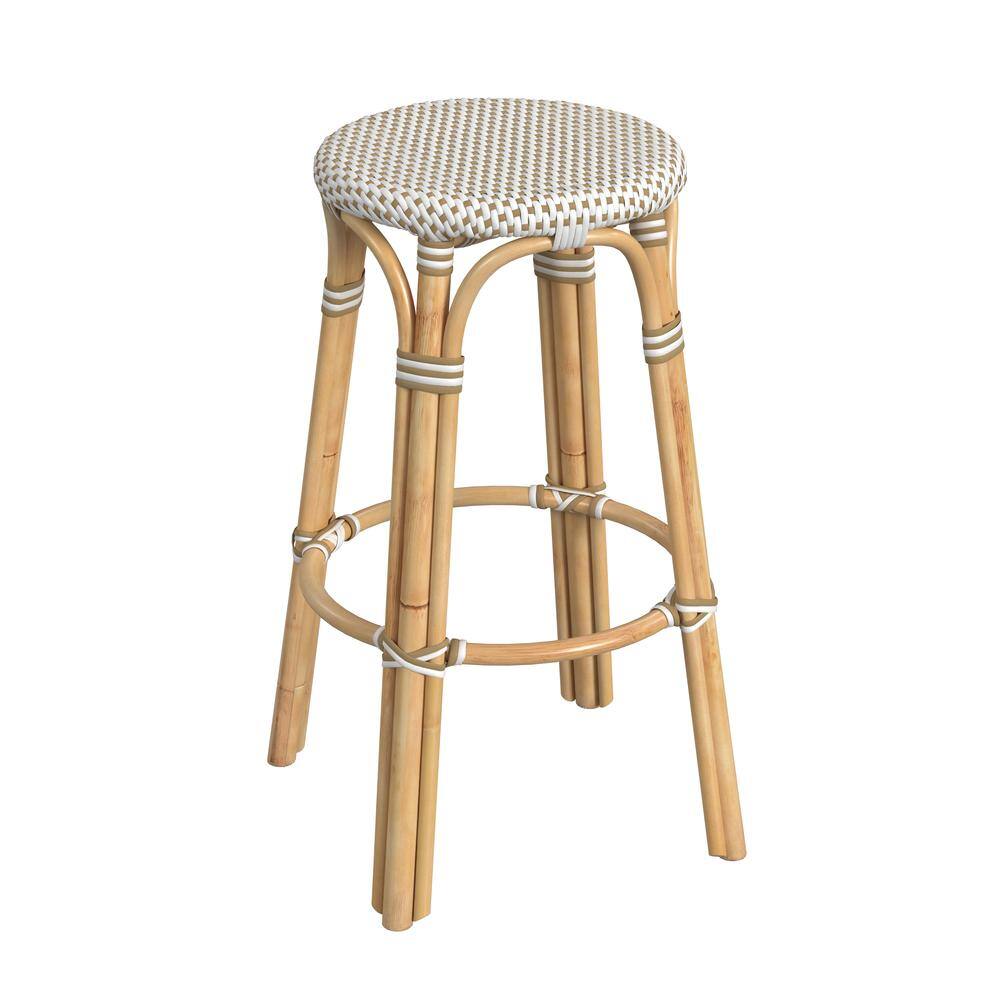 Alt View 4. Butler Specialty - Tobias Round Rattan 30" Bar Stool - White And Tan Dot.