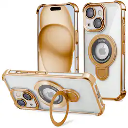 Entronix - Magnetic Case for iPhone 15 Plus - Clear Back with Glossy Gripstand - Gold