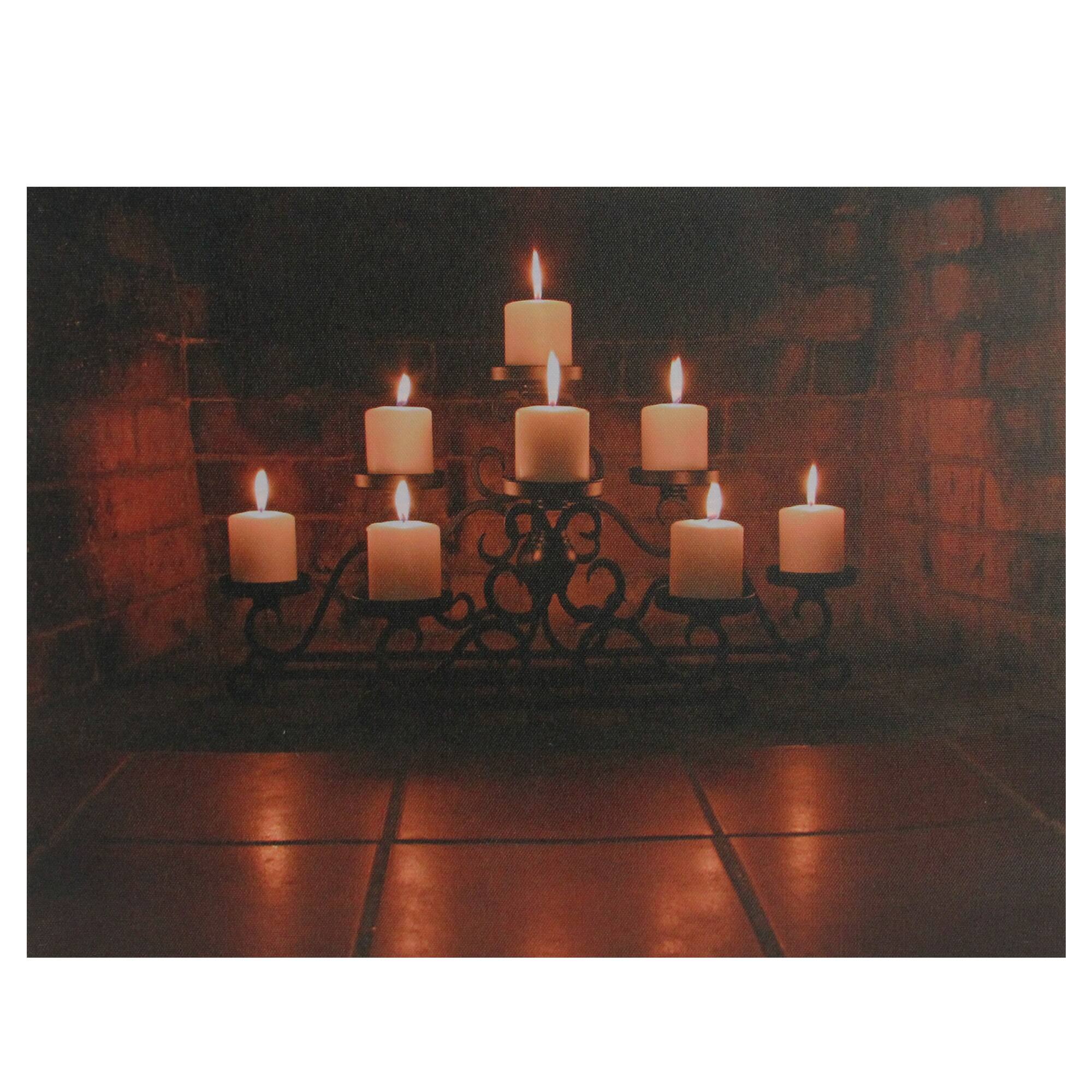 Front. Northlight - LED Lighted Flickering Candles in a Fireplace Canvas Wall Art - 12" x 15.75" - Orange.