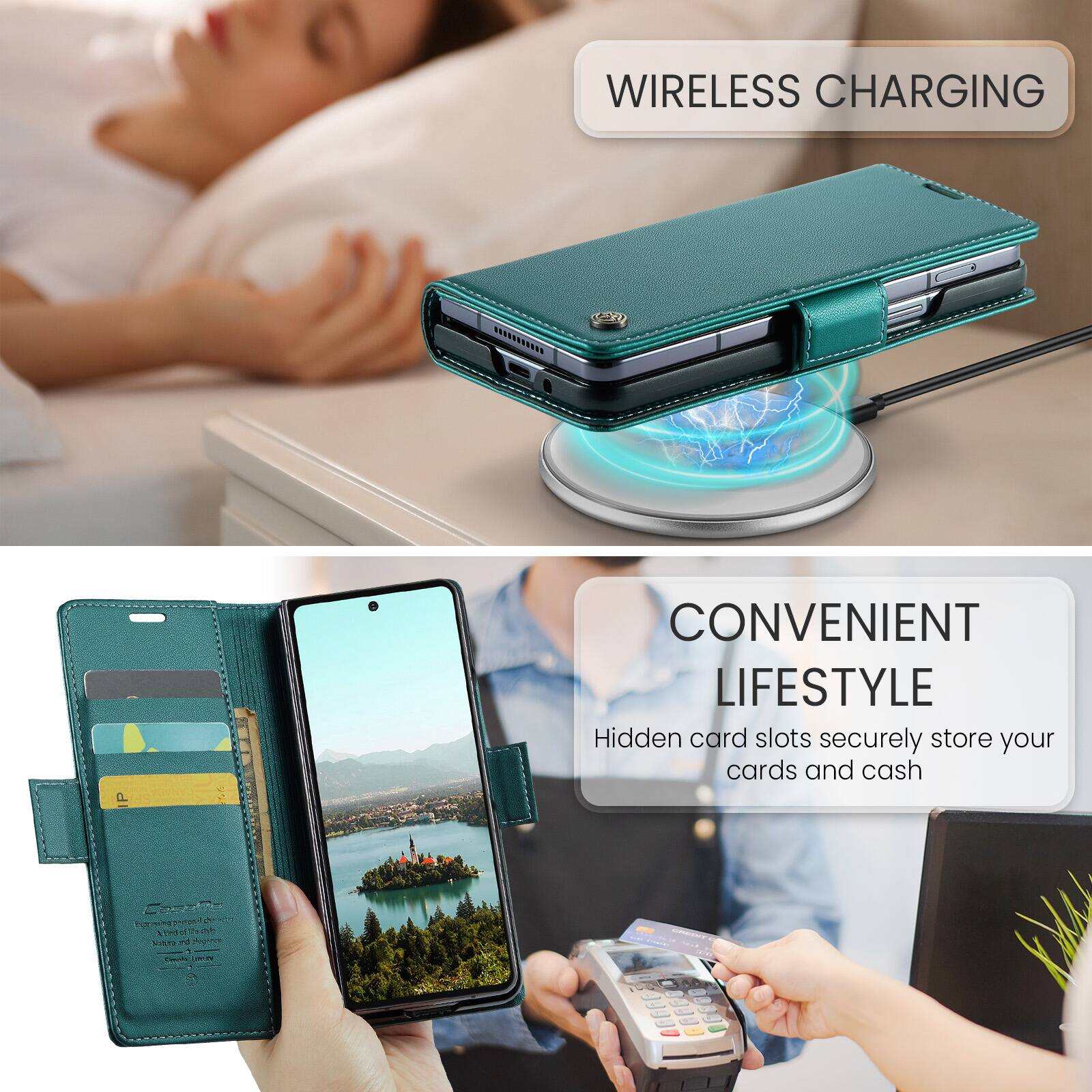 WIRELESS CHARGING

CONVENIENT LIFESTYLE

Hidden card slots securely store your cards and cash
