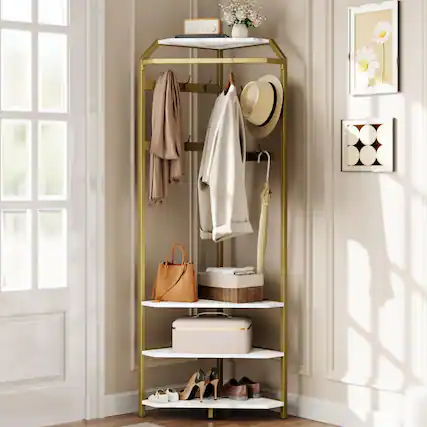 Front. Babevy - Corner Hall Tree with Shoe Bench, 6 Double Hooks & Storage Shelves, Space-Saving 3-in-1 Coat Rack - Gold.