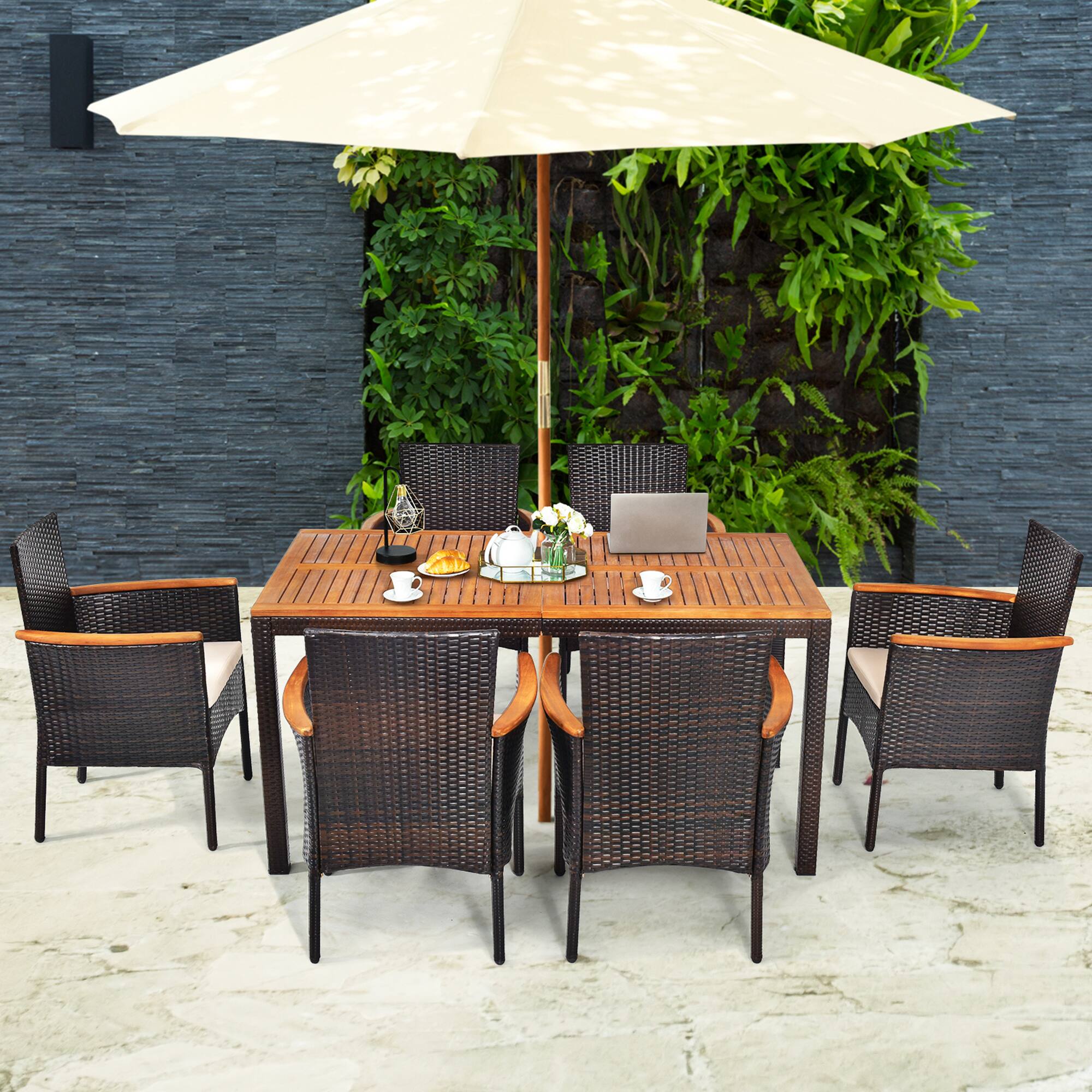 Alt View 2. Gymax - Gymax 7PCS Rattan Outdoor Dining Set Patio Furniture Set w/ Cushions Umbrella Hole - Black.