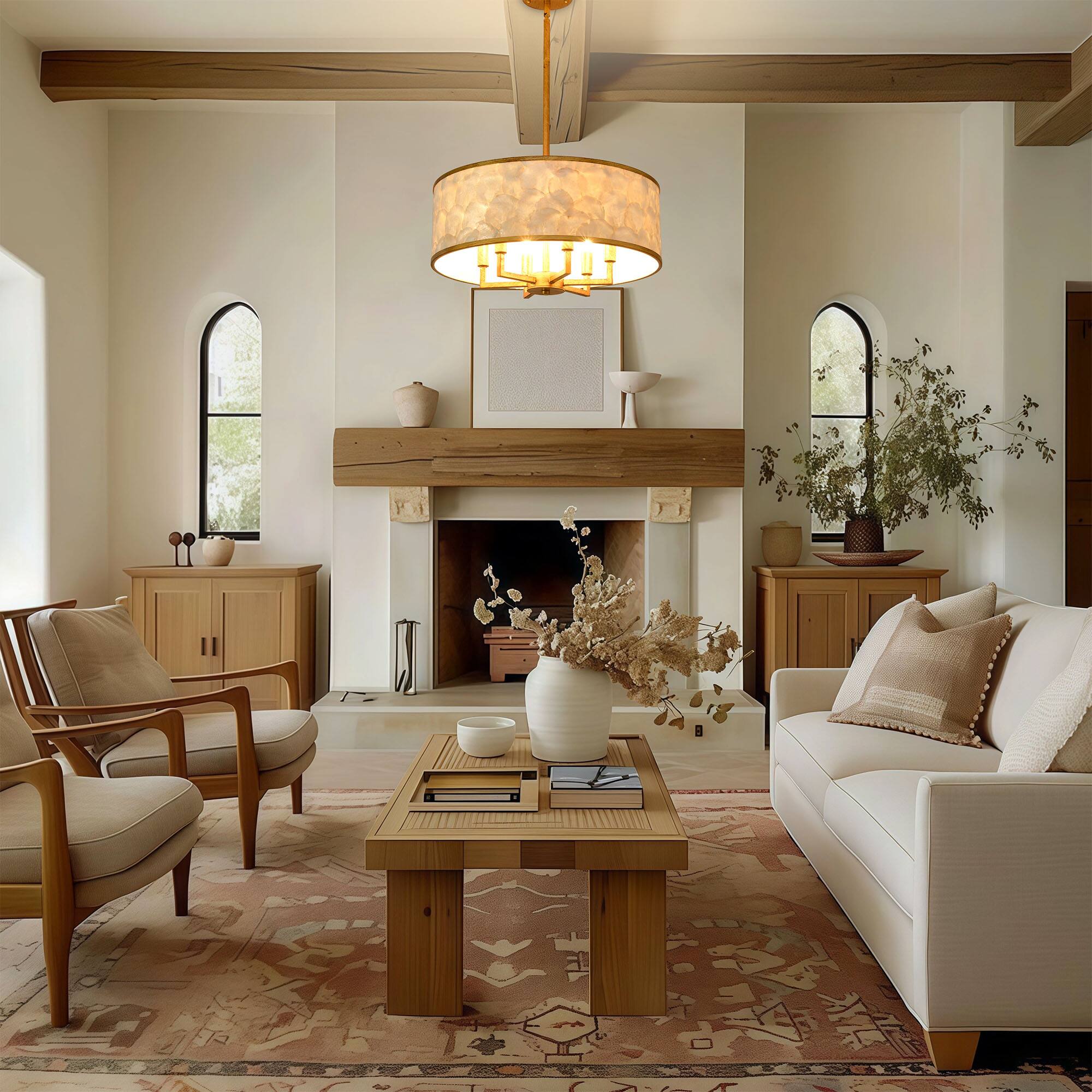 Angle. RYHNUYNE - Modern 5-Light Gold Drum Chandelier With Natural Shell Shade, Adjustable Pendant For Dining Room And Foyer - GOLD.