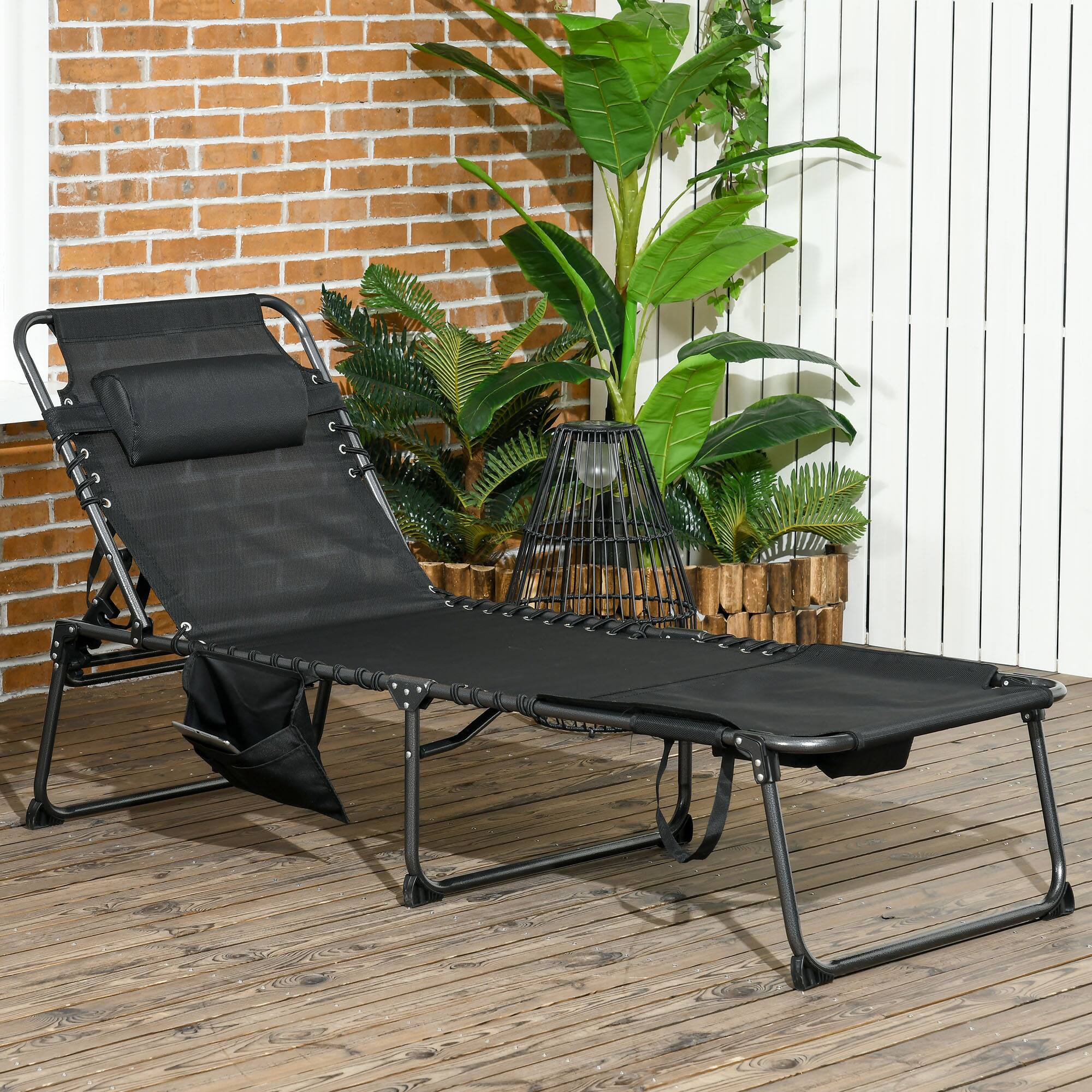 Alt View 1. Outsunny - Folding Chaise Lounge with 5-level Reclining Back, Tanning Chair with Face Hole, Outdoor Lounge Chair with Side Pocket - Black.